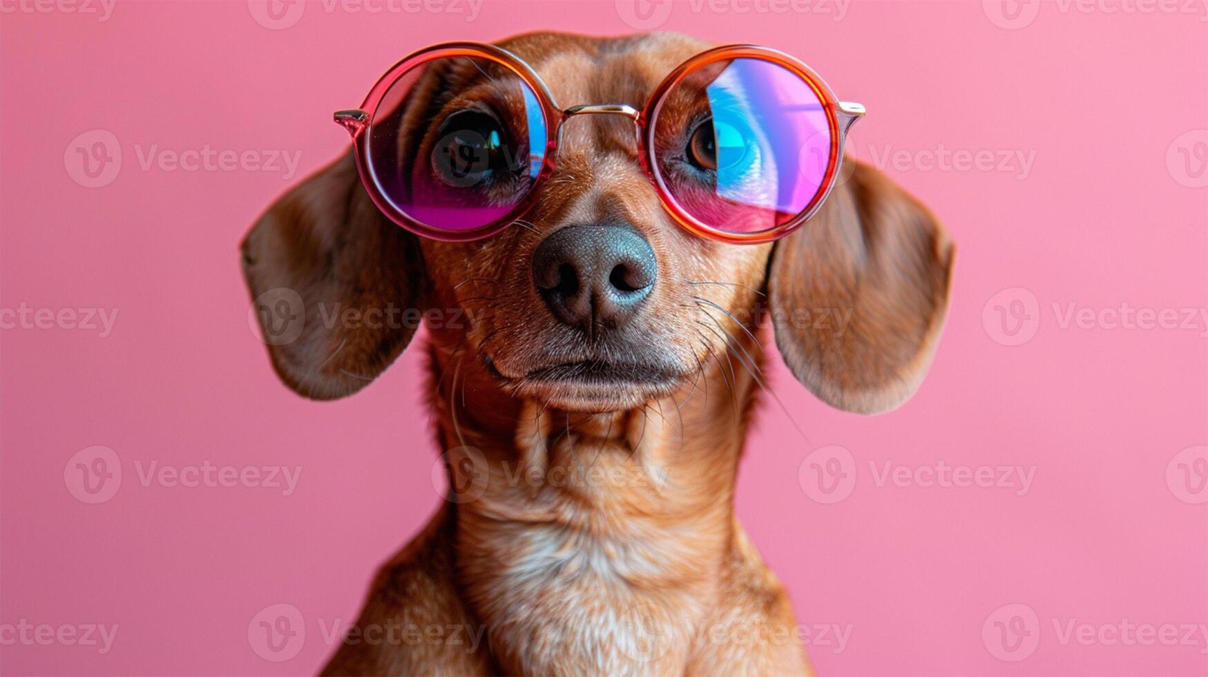 Dachshund dog looking straight at the camera wearing stylish round glasses on bright pink background,copy space photo