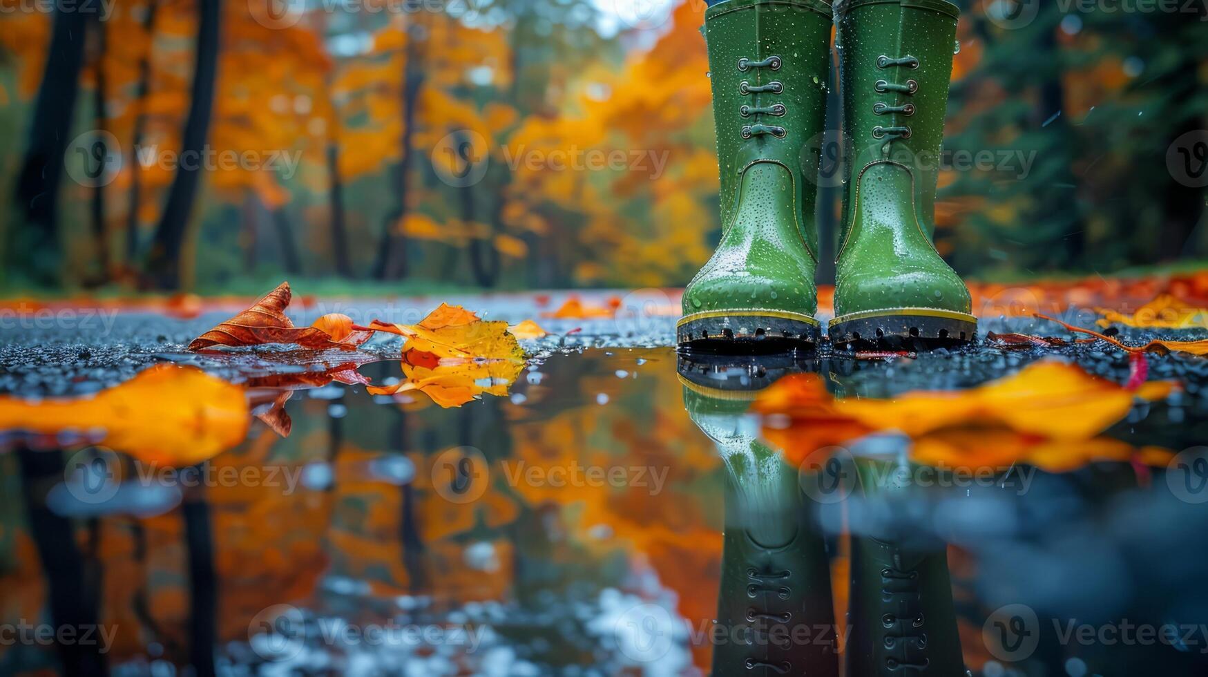 A pair of green rain boots on a path, in a puddle, on the blurred background of an autumn park.copy space photo