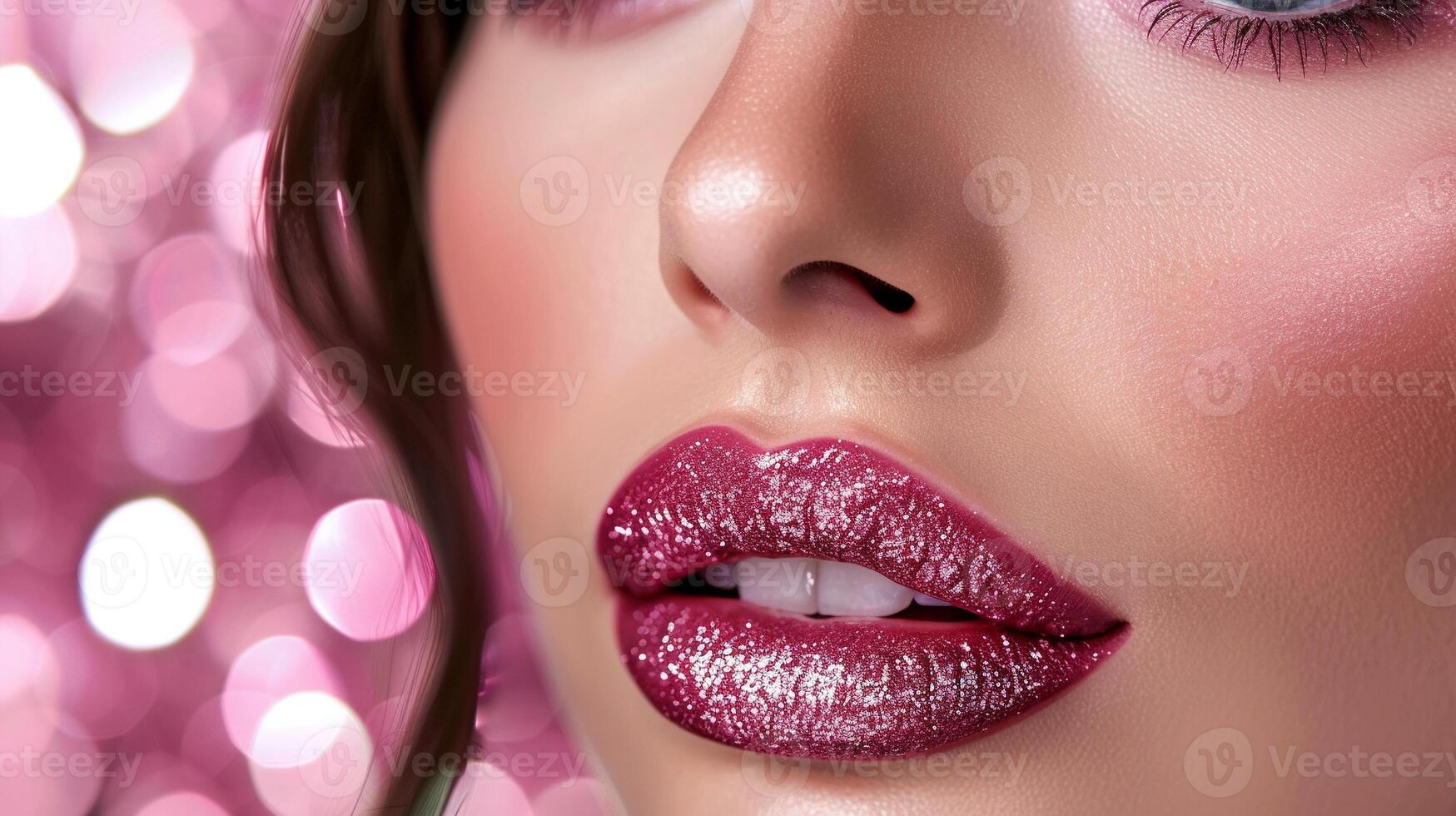 Close-up of glossy pink lips with glitter on soft pink bokeh background creating a glamorous and elegant look photo