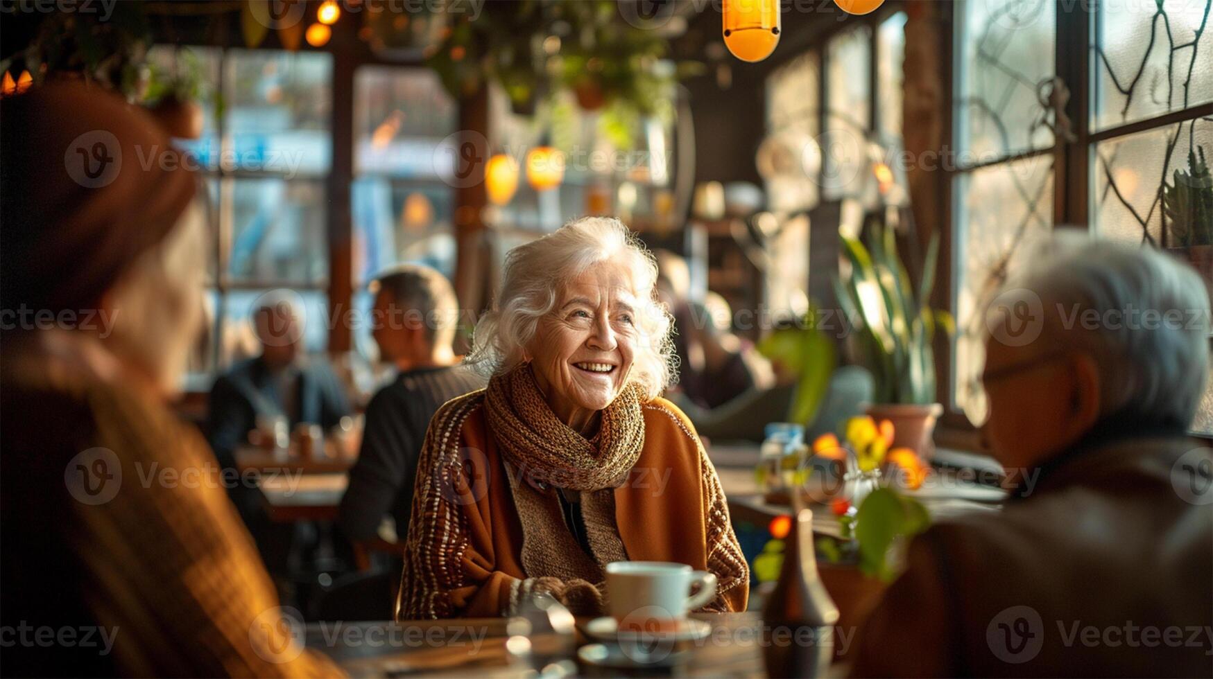 Cheerful senior woman in a cozy cafe setting, chatting with friends over a cup of coffee in a cozy and welcoming atmosphere. photo