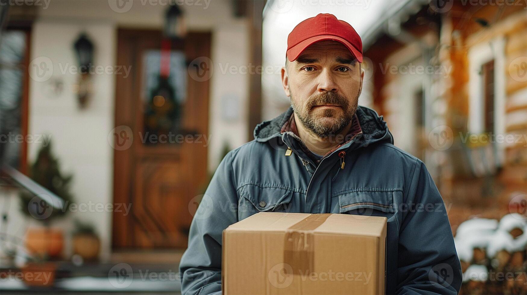 Courier in a red cap and blue jacket holding a parcel outside a house on a cold day, service and delivery concept. photo