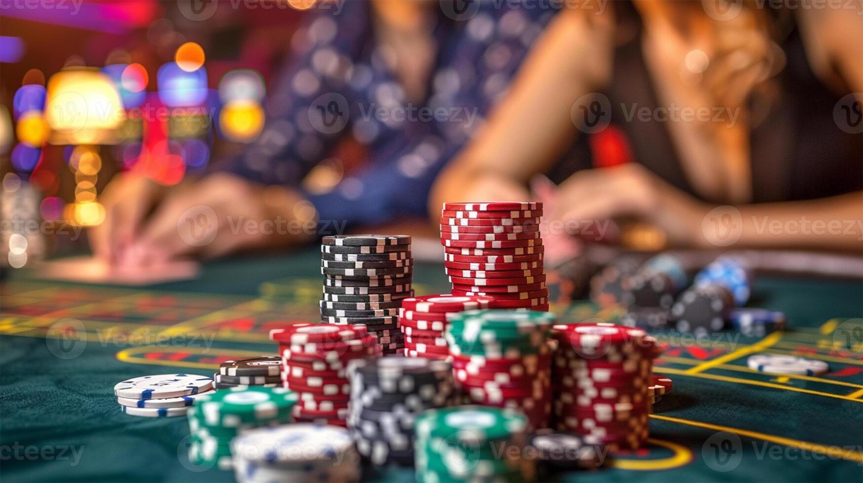 Stacks of colorful poker chips laid out on a green casino table with a blurred background. gambling concept photo