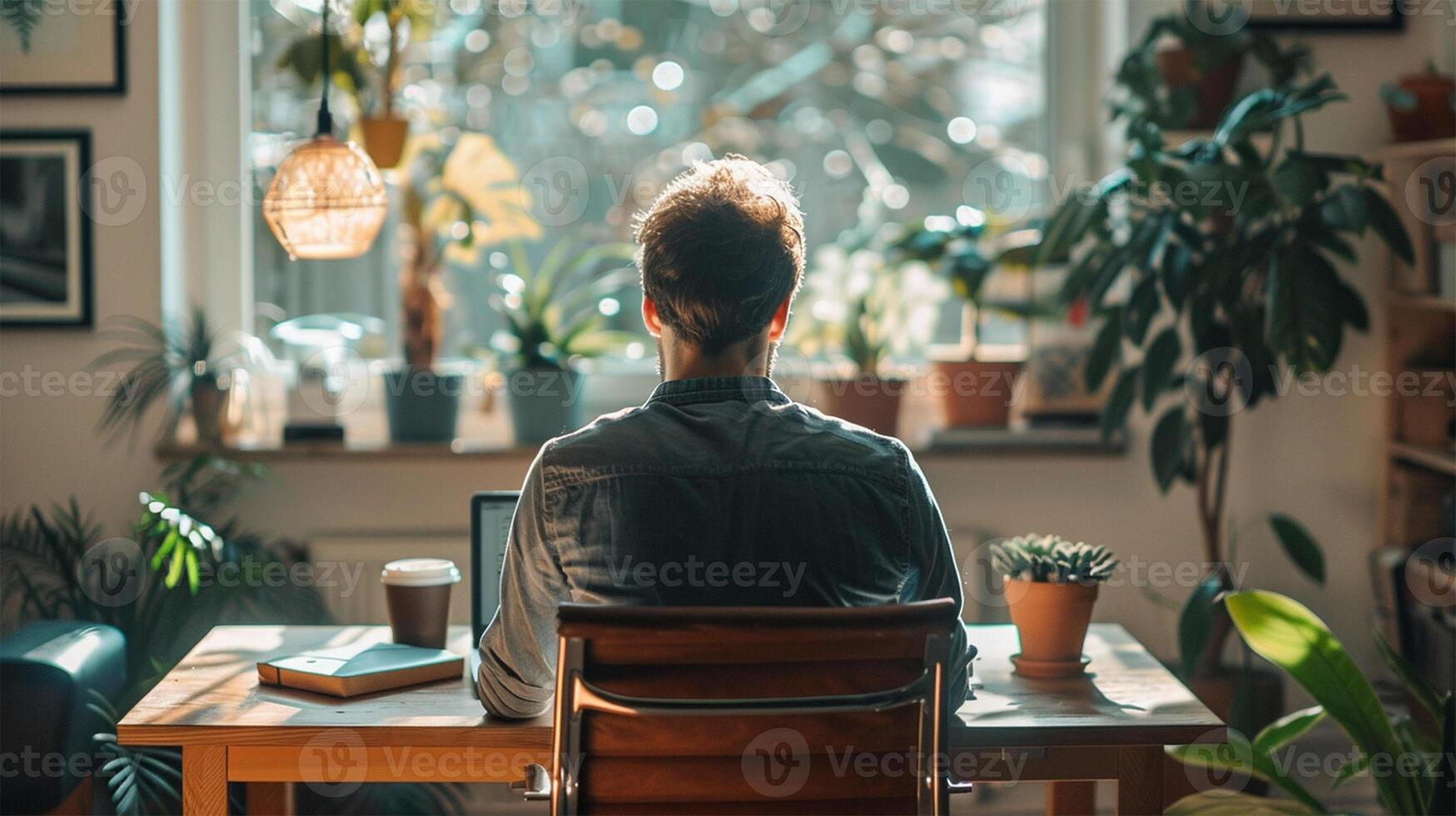 Man working from home in a cozy, sun-drenched workspace surrounded by plants, reflecting the comfort, focus, and casual lifestyle of working remotely. photo