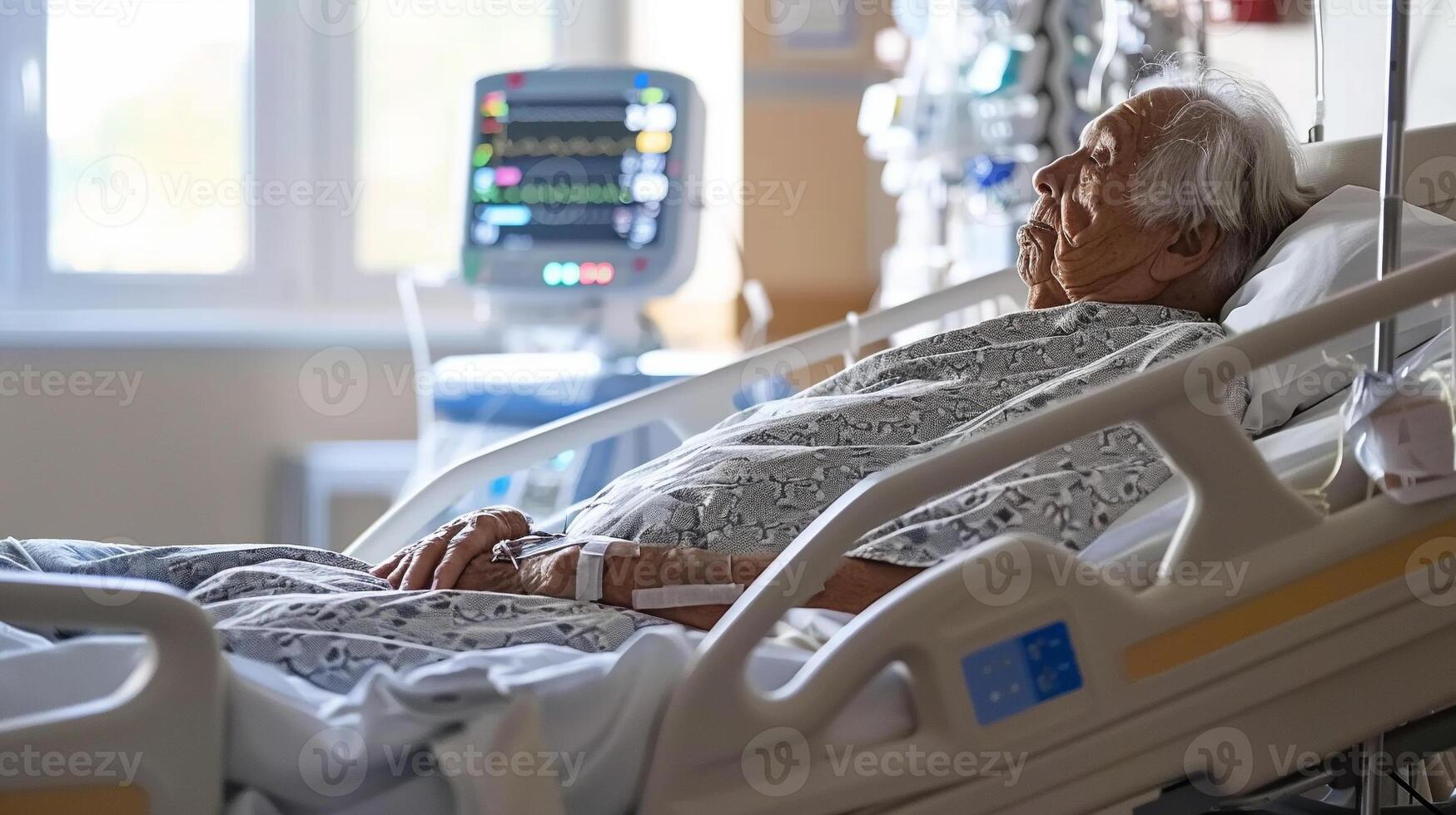Elderly patient relaxing on hospital bed surrounded by medical equipment conveys the feeling of care, concern and serious atmosphere of a medical facility. photo