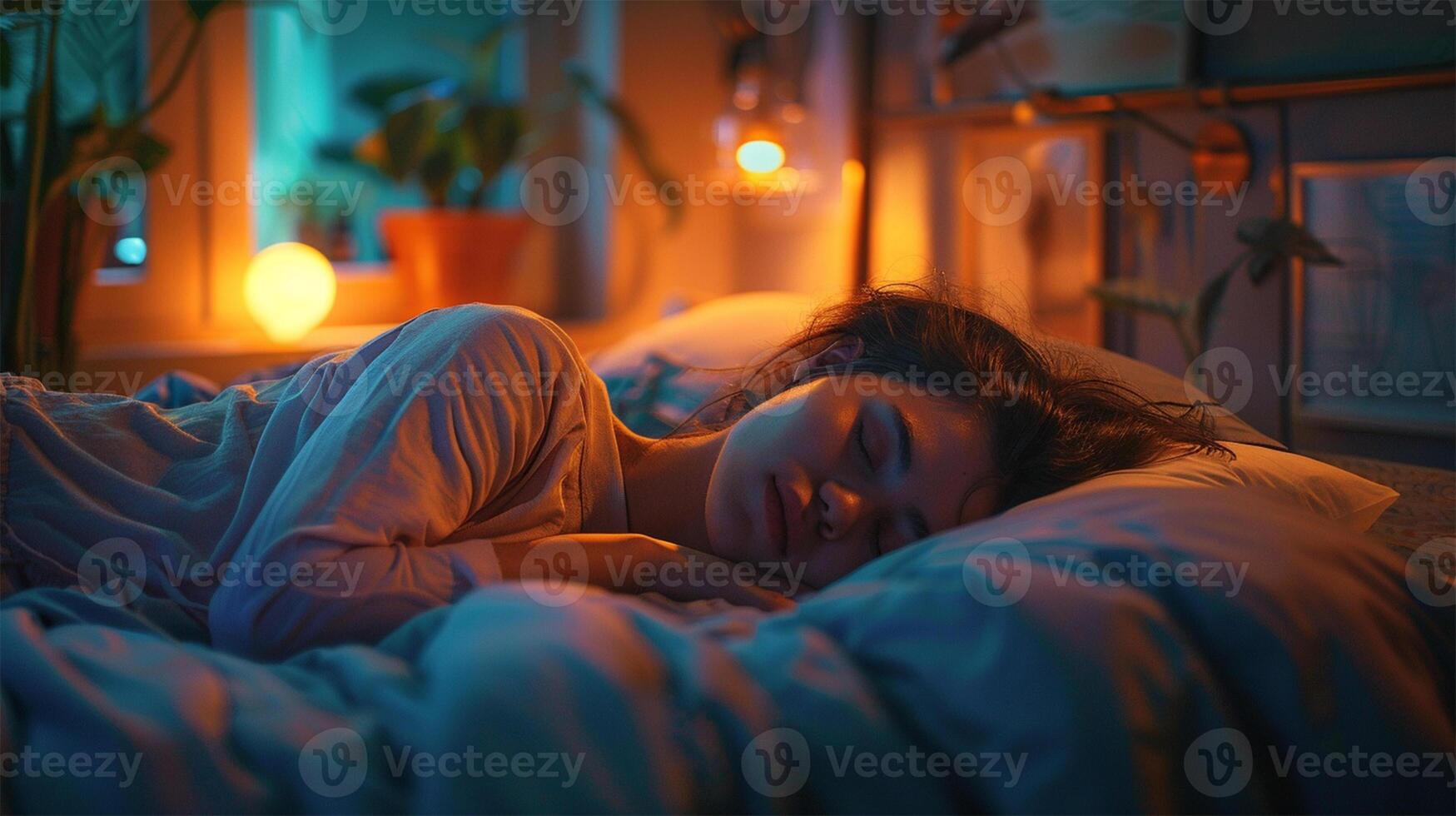 A woman sleeps peacefully in a warmly lit bedroom, surrounded by soft light and a cozy atmosphere photo
