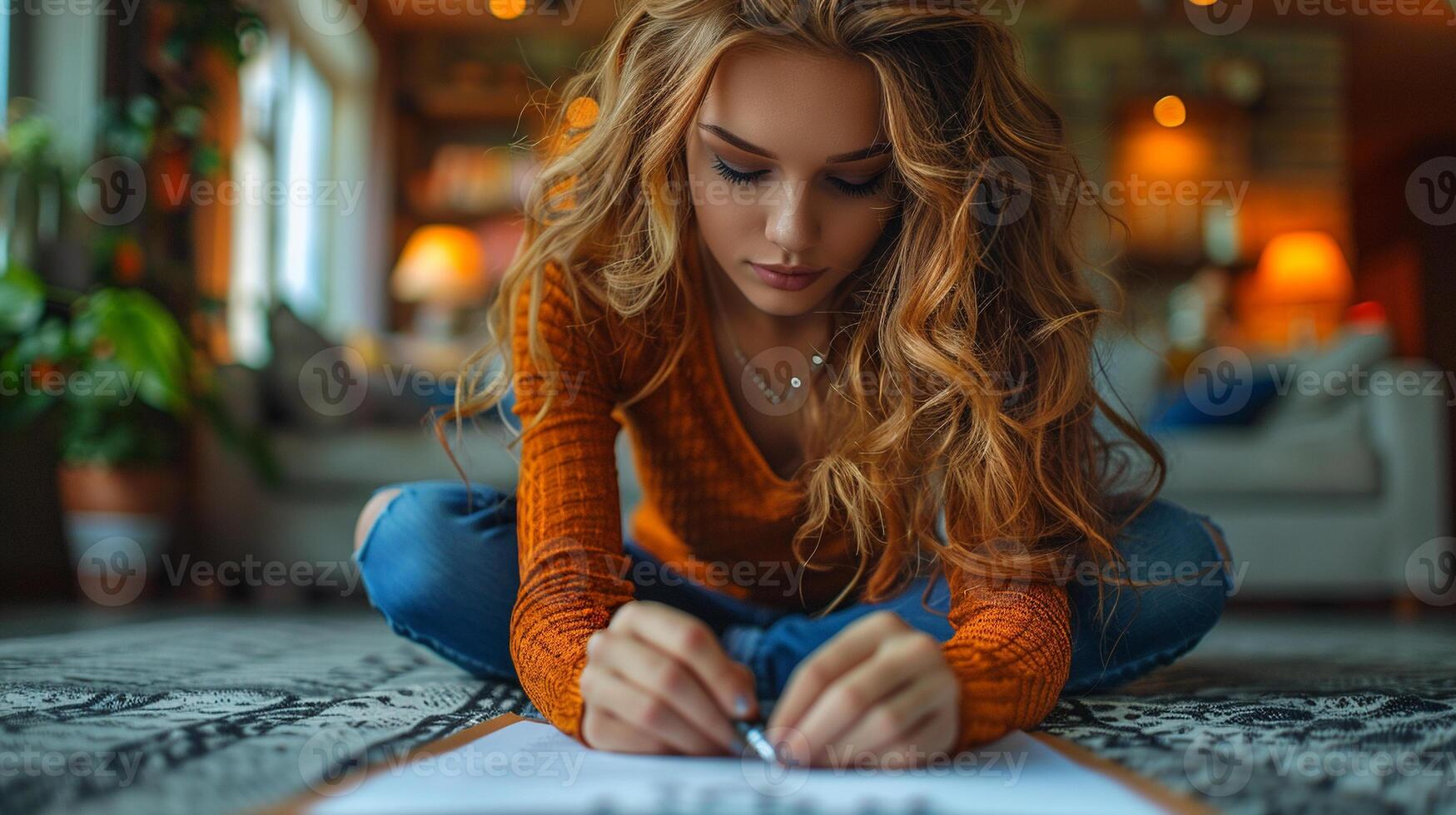 A young woman with wavy hair intently focusing on her drawing, sitting cross-legged on the floor in a warmly lit, cozy room. photo