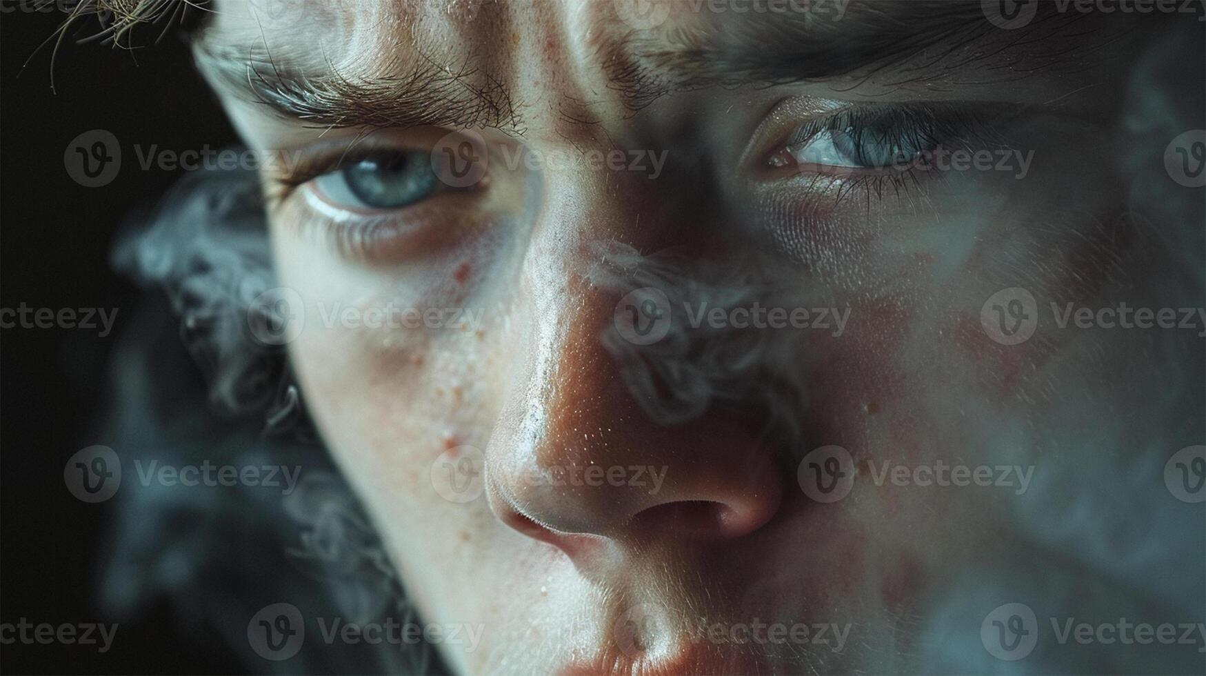 Close-up of a man's intense gaze with smoke billowing around his face.psychological health photo