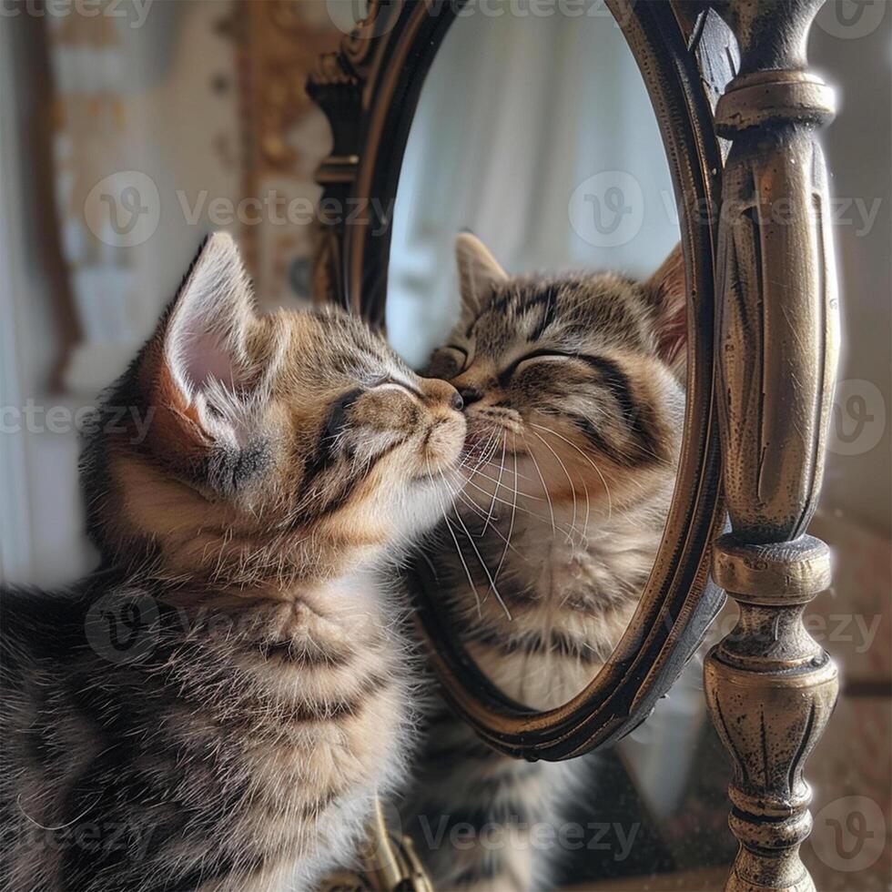 An adorable image of a kitten nuzzling its reflection in an ornate antique mirror, evoking feelings of innocence and curiosity photo