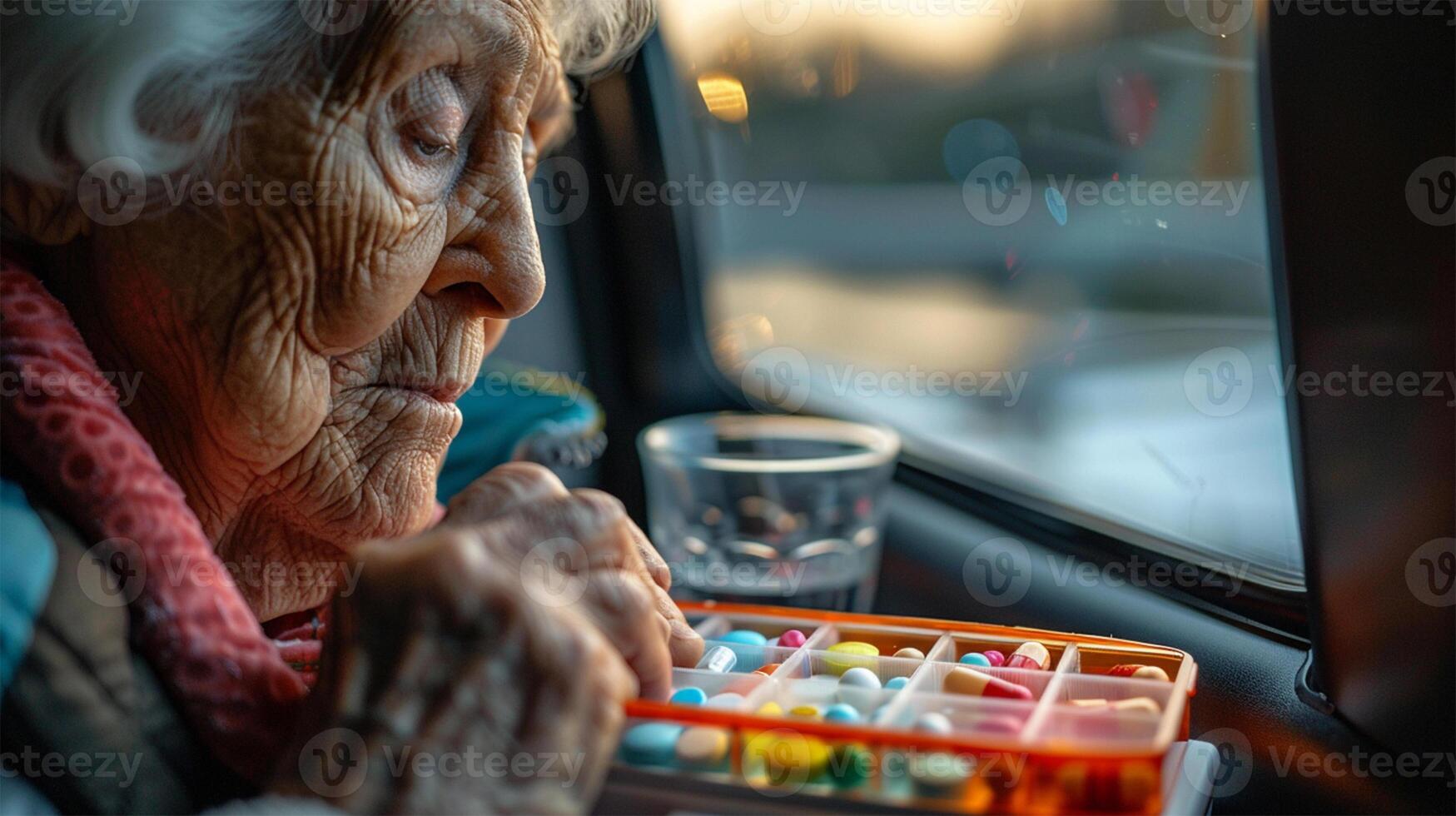 A close-up of an elderly woman organizing colorful pills in a pillbox, with a reflective expression as she sits by a window during sunset. A glass of water is nearby. photo