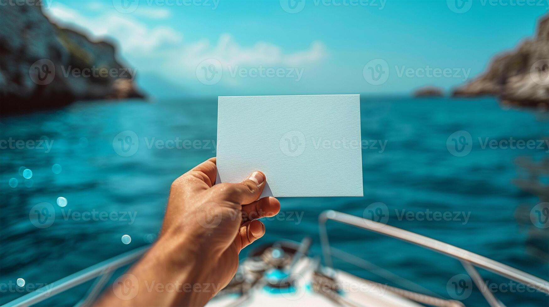 A hand holding a blank card while on a boat, with the ocean and cliffs visible in the background, offering copy space. photo