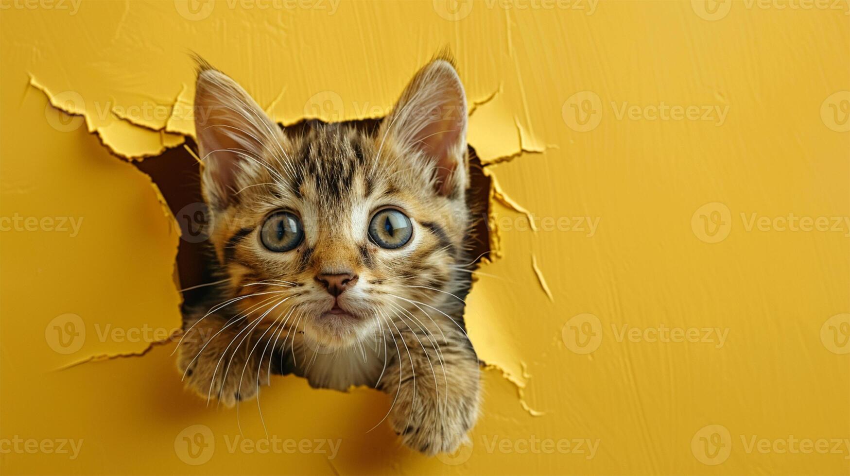 Adorable tabby kitten with wide eyes peeking through a hole in a yellow wall, displaying curiosity and playfulness. photo