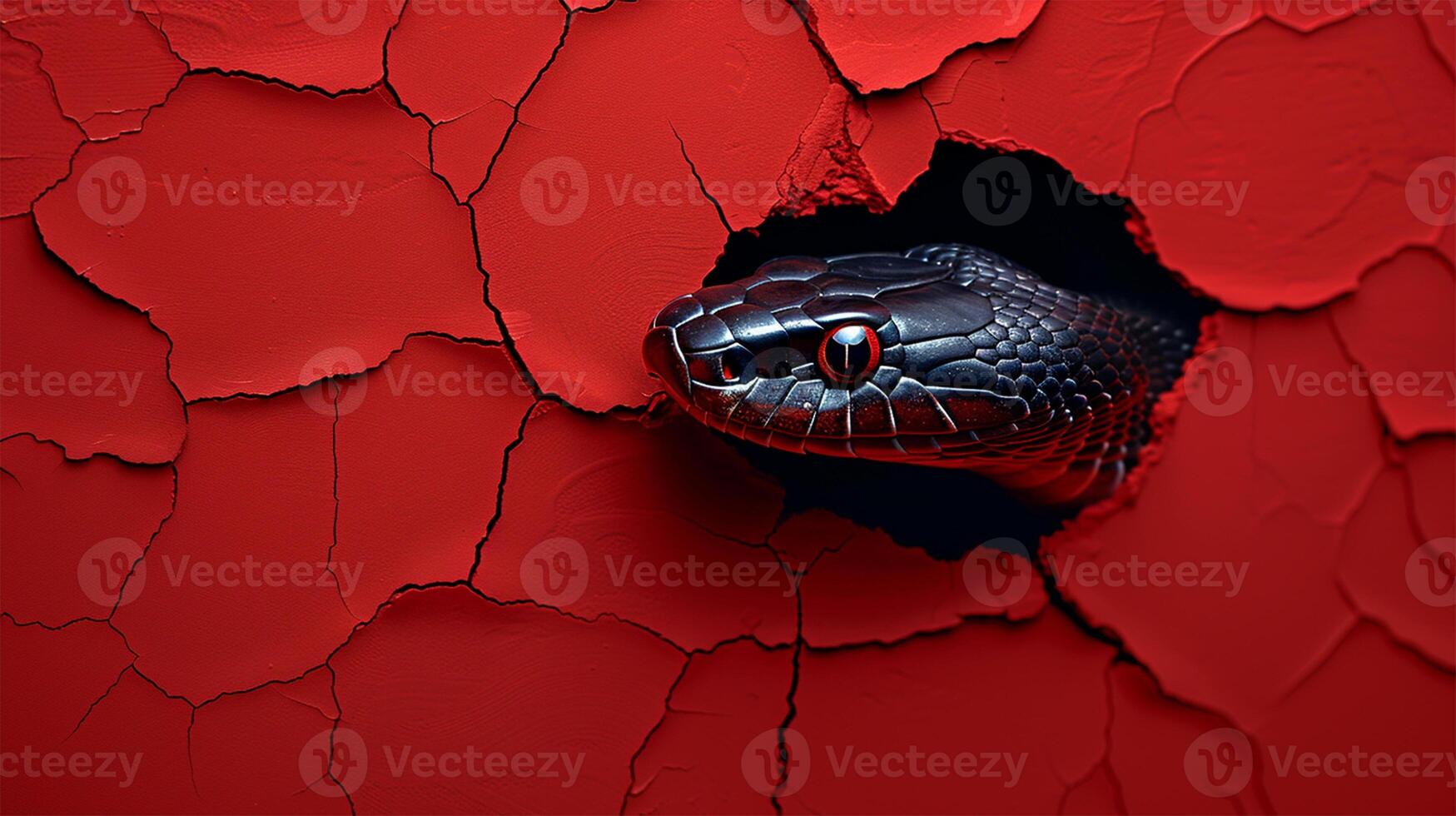 A snake carefully crawls out of a hole in a red textured wall, creating a striking contrast between the reptile and the background.copy space.symbol of the year photo