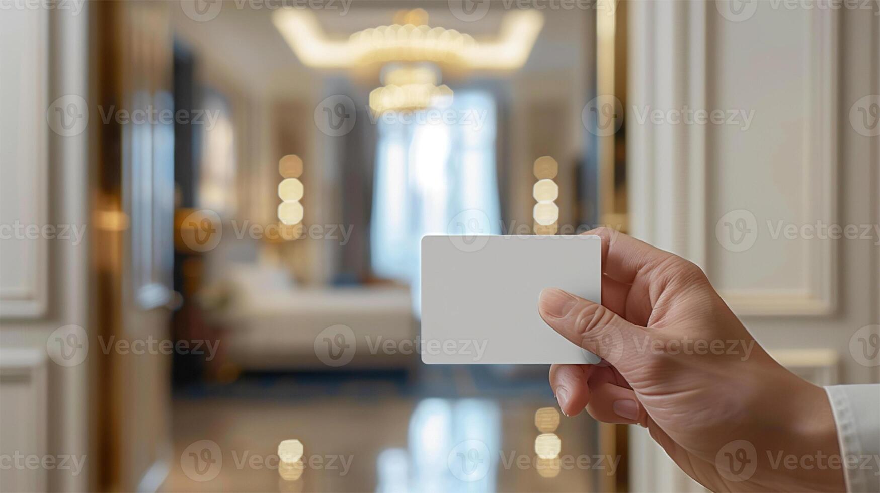 Hand holding blank white card in luxury hotel room with soft lighting and elegant decor in the background. photo