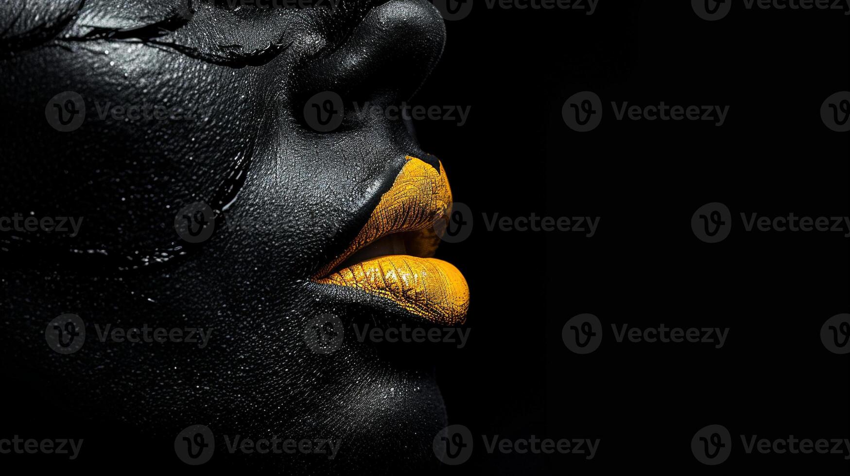 A striking close-up of textured black-painted skin with vibrant yellow lips, set against a black background for a dramatic effect. photo