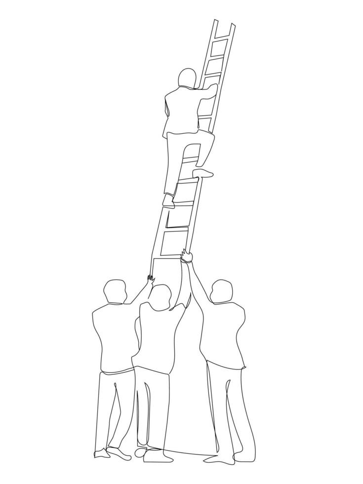 One continuous line drawing of team members support their leader to climb the ladder to reach the success. vector