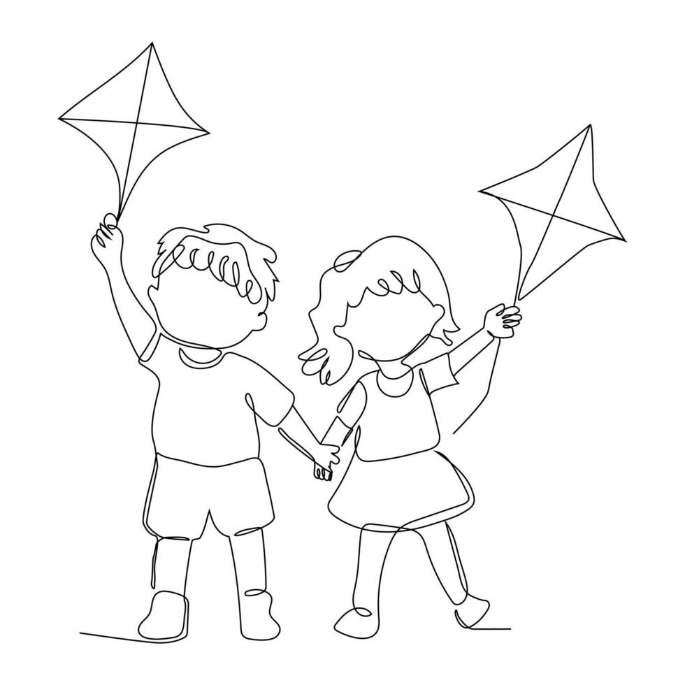 Continuous one line art of kids couple with kite flying vector