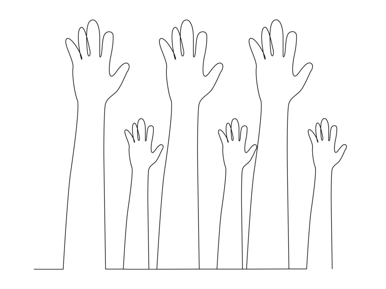 Hands raised up one line continuous drawing, Teamwork, Collaboration, Classroom, Diversity. vector