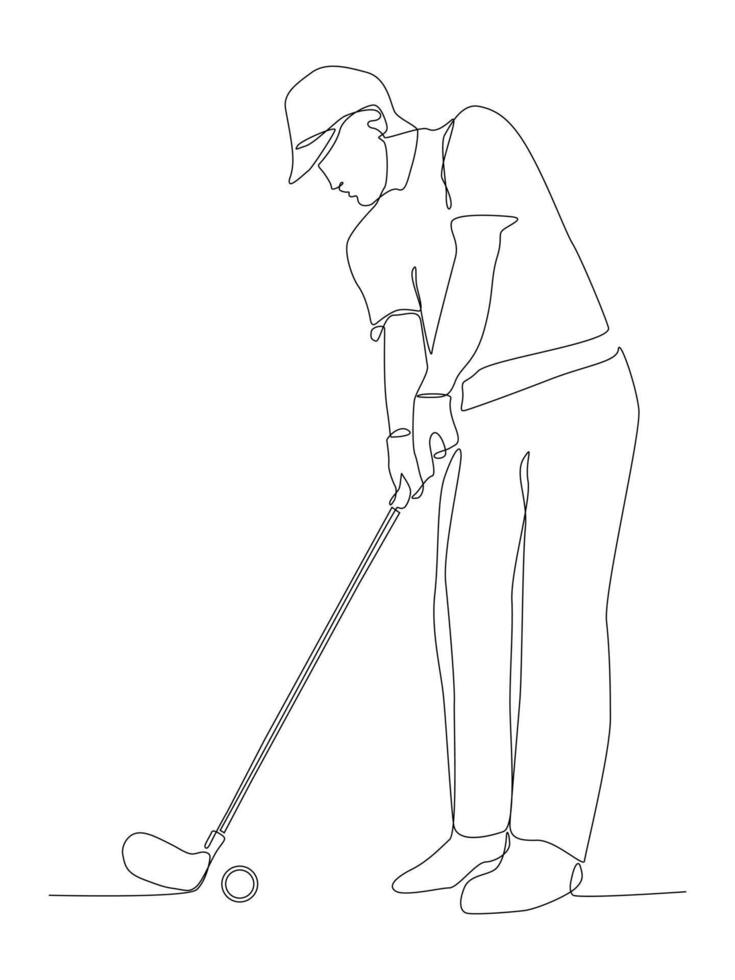 Continuous one line art of a boy playing golf, Men Golf Player Silhouette. vector