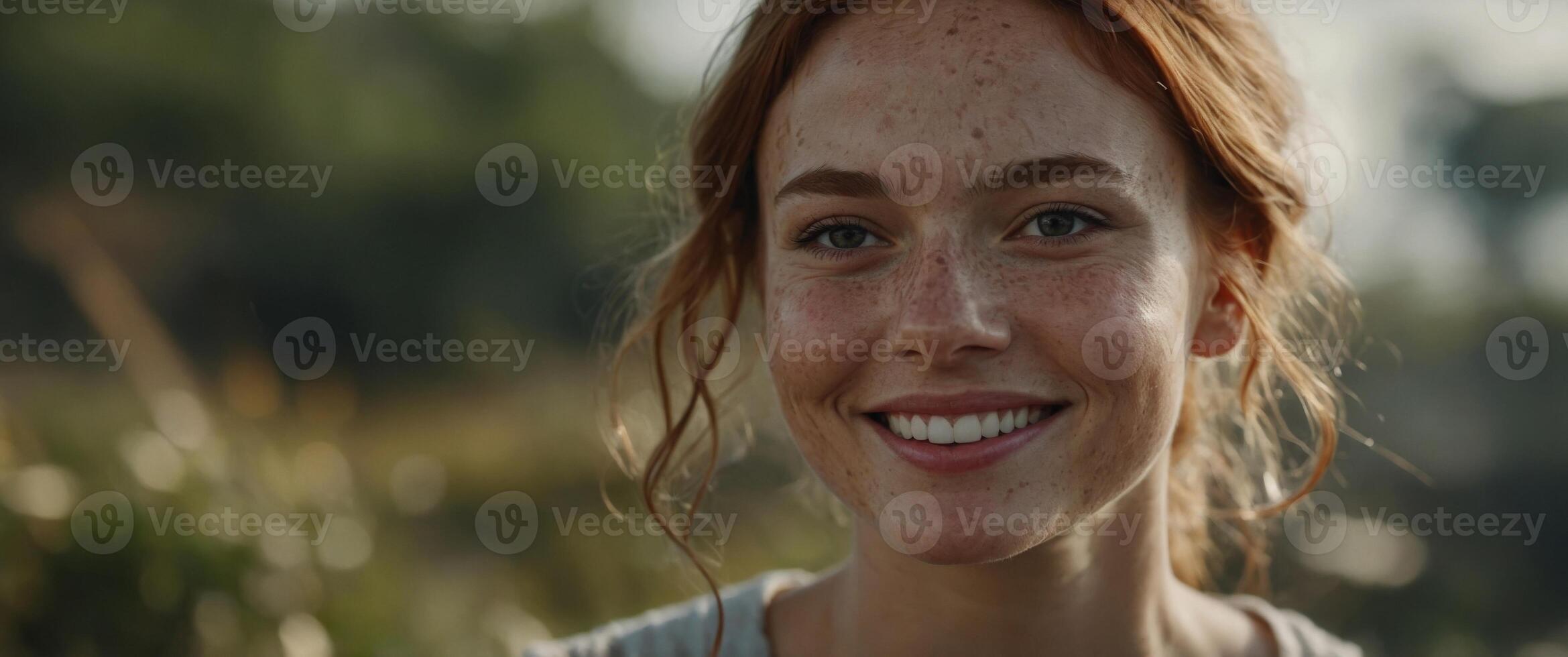 A lovely woman with a cheerful smile, freckles, and natural beauty is portrayed in closeup. photo