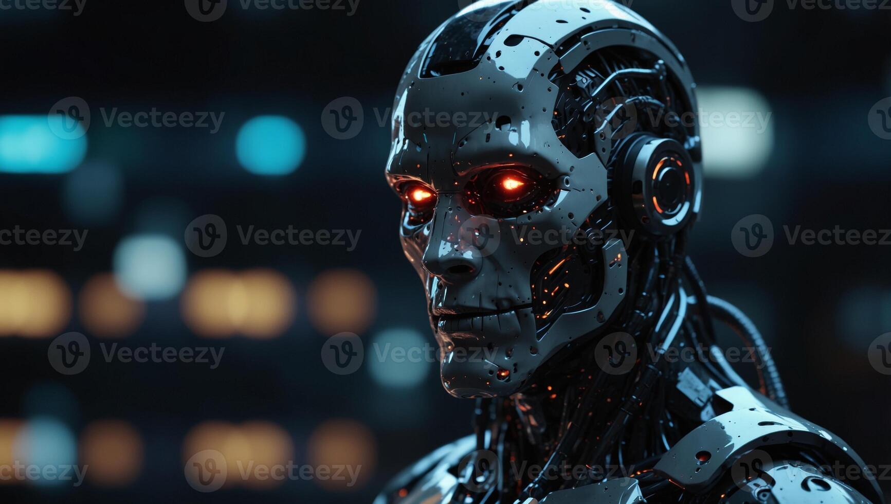 Cybernetic vision of hacker or robot in futuristic digital space on dark tech background. photo