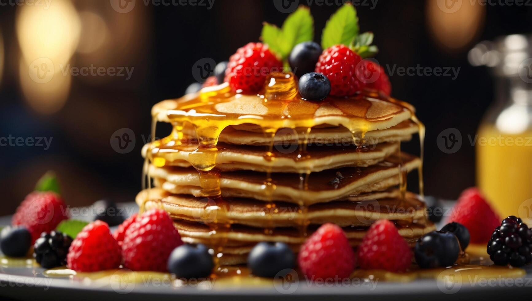 Delectable pancakes stack with fresh assorted berries and honey drizzle on plate. photo