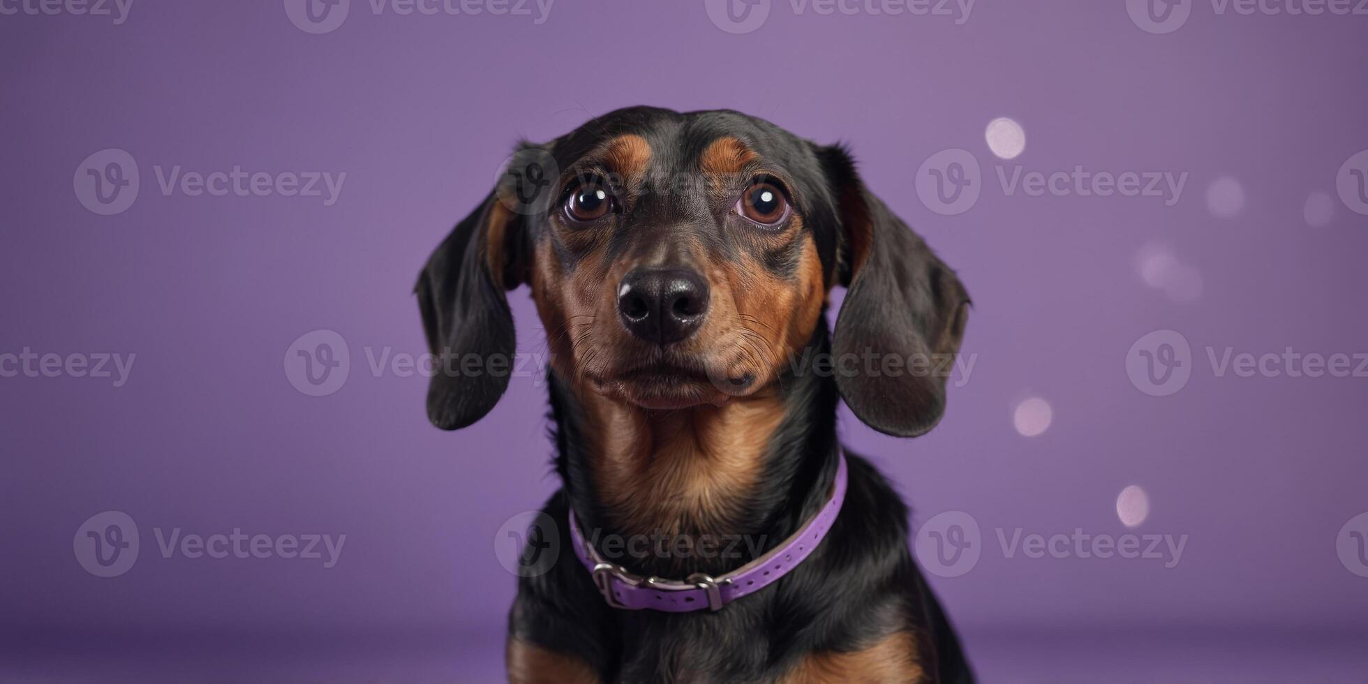 Curious Dachshund with head tilted on a purple background with copy space,. photo