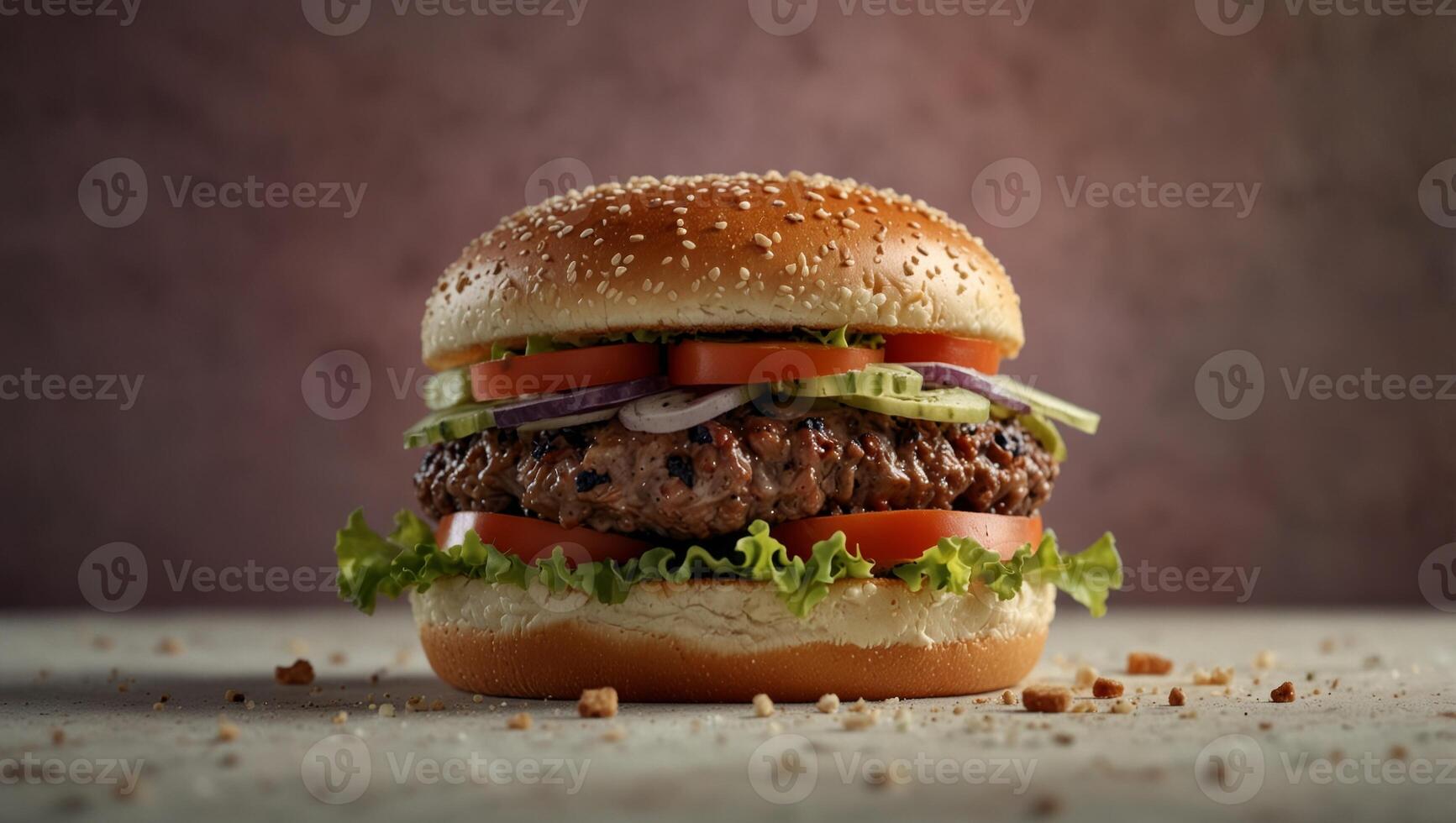 Deconstructed burger layers floating on soft pastel background with space for text. photo