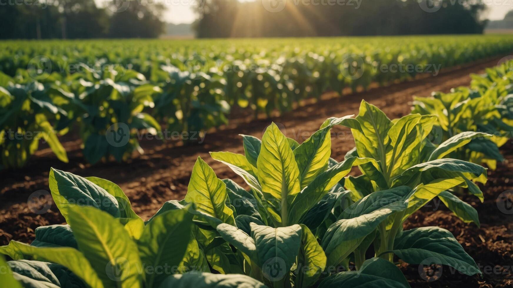 Close-up of tobacco crops growing at farm sunny day. photo