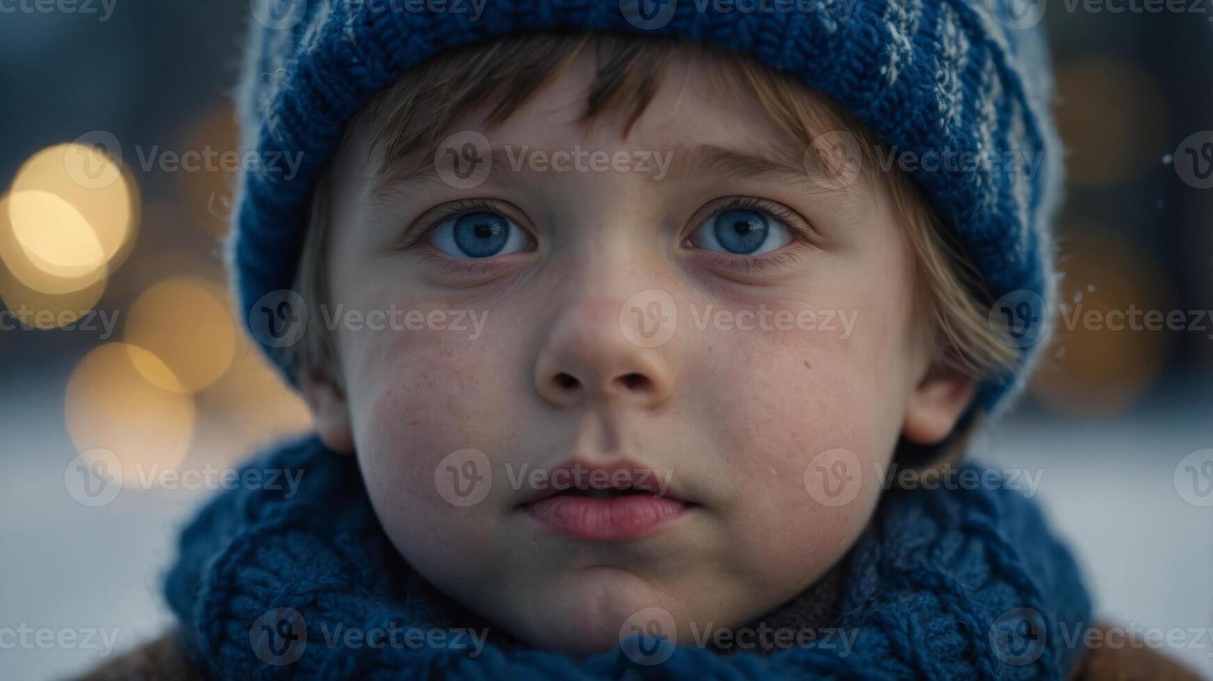 Close-up of a sympathetic child with deep blue eyes, wearing knitted winter attire and looking pensive. photo