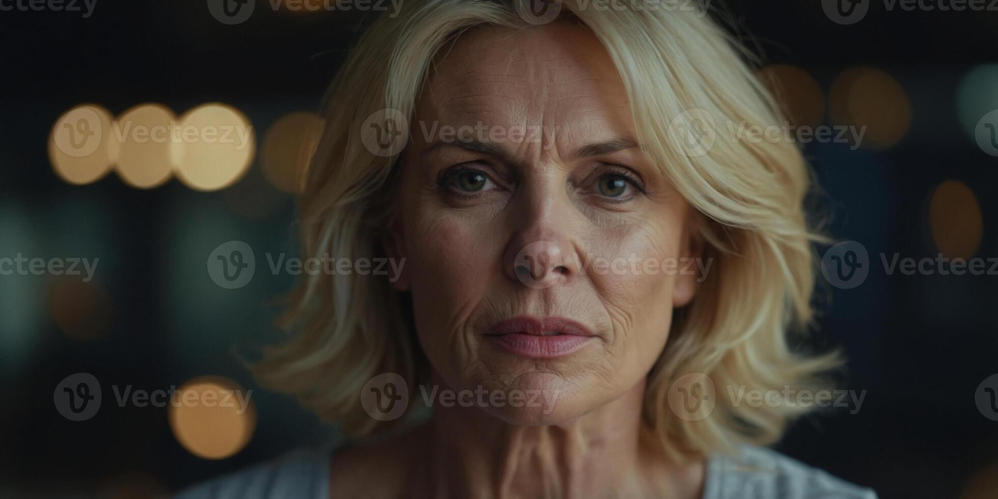 Closeup of blonde middle aged woman playing with face skin. photo