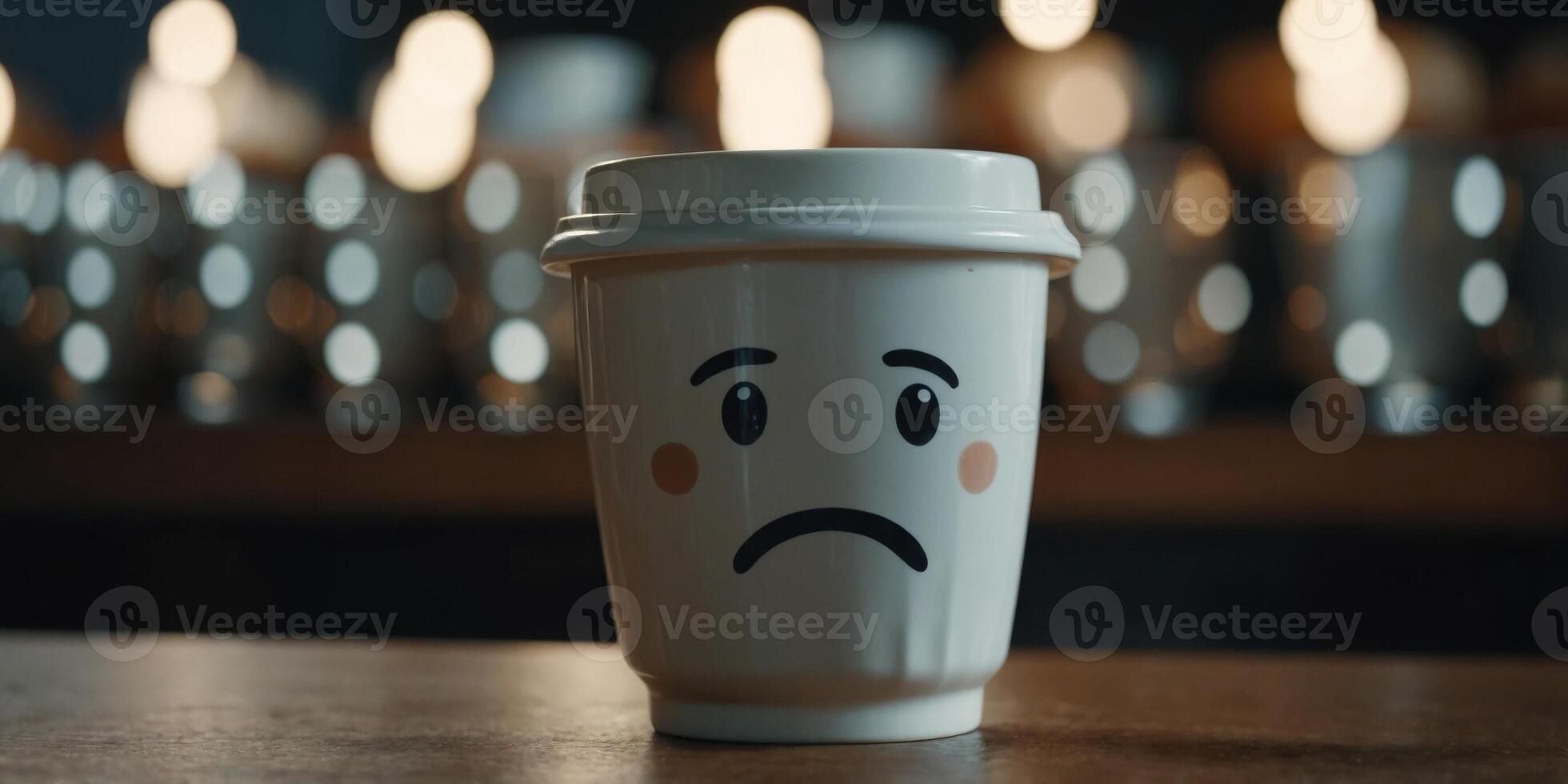 Coffee cup with a drawn sad face, tableware expressing emotion through dishware. photo