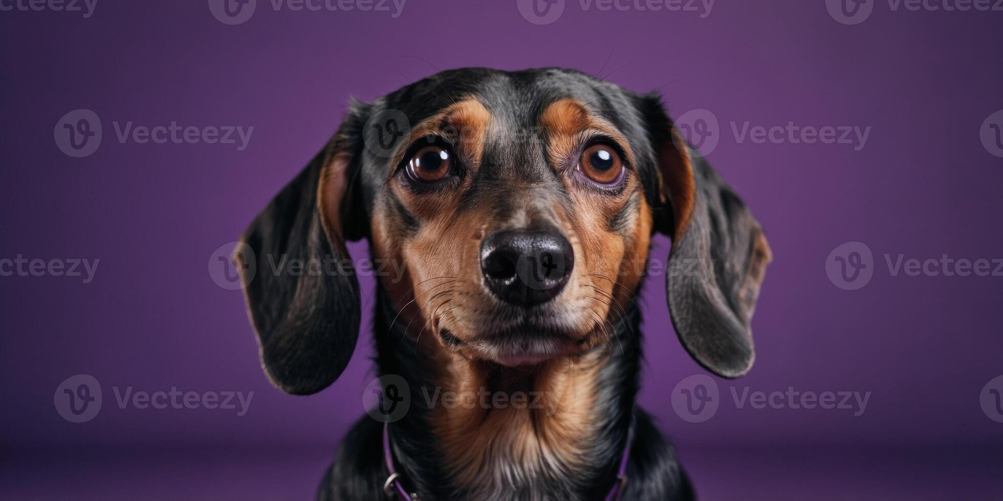 Curious Dachshund with head tilted on a purple background with copy space,. photo