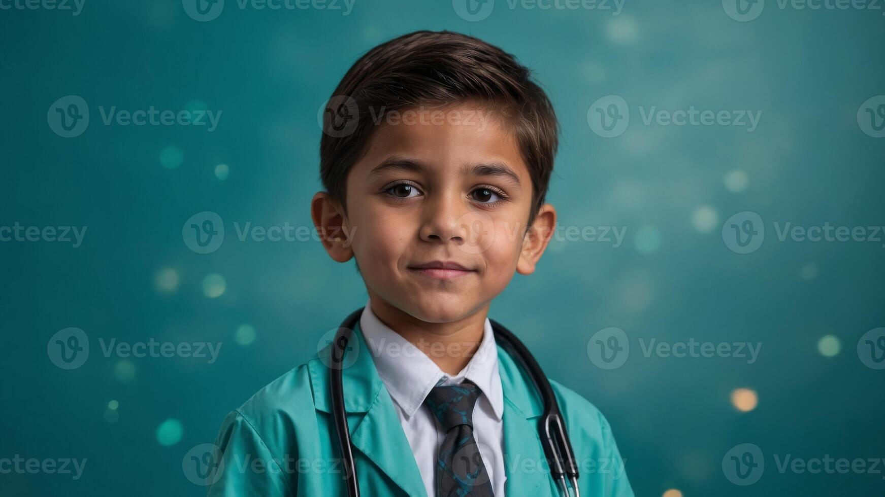 Confident child in doctor's attire with stethoscope on a turquoise background Aspiring young boy portraying a medical professional. photo