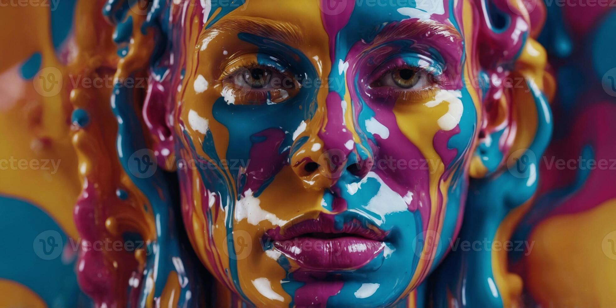 Colorful psychedelic face melting into liquid forms. photo