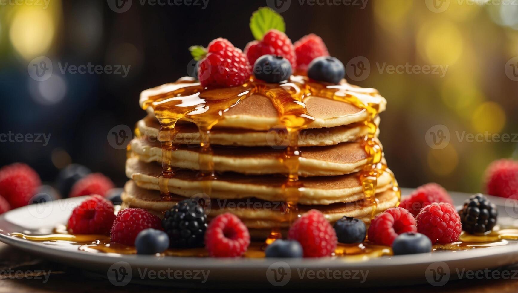 Delicious stack of pancakes topped with fresh berries and drizzled with sweet honey on a plate. photo