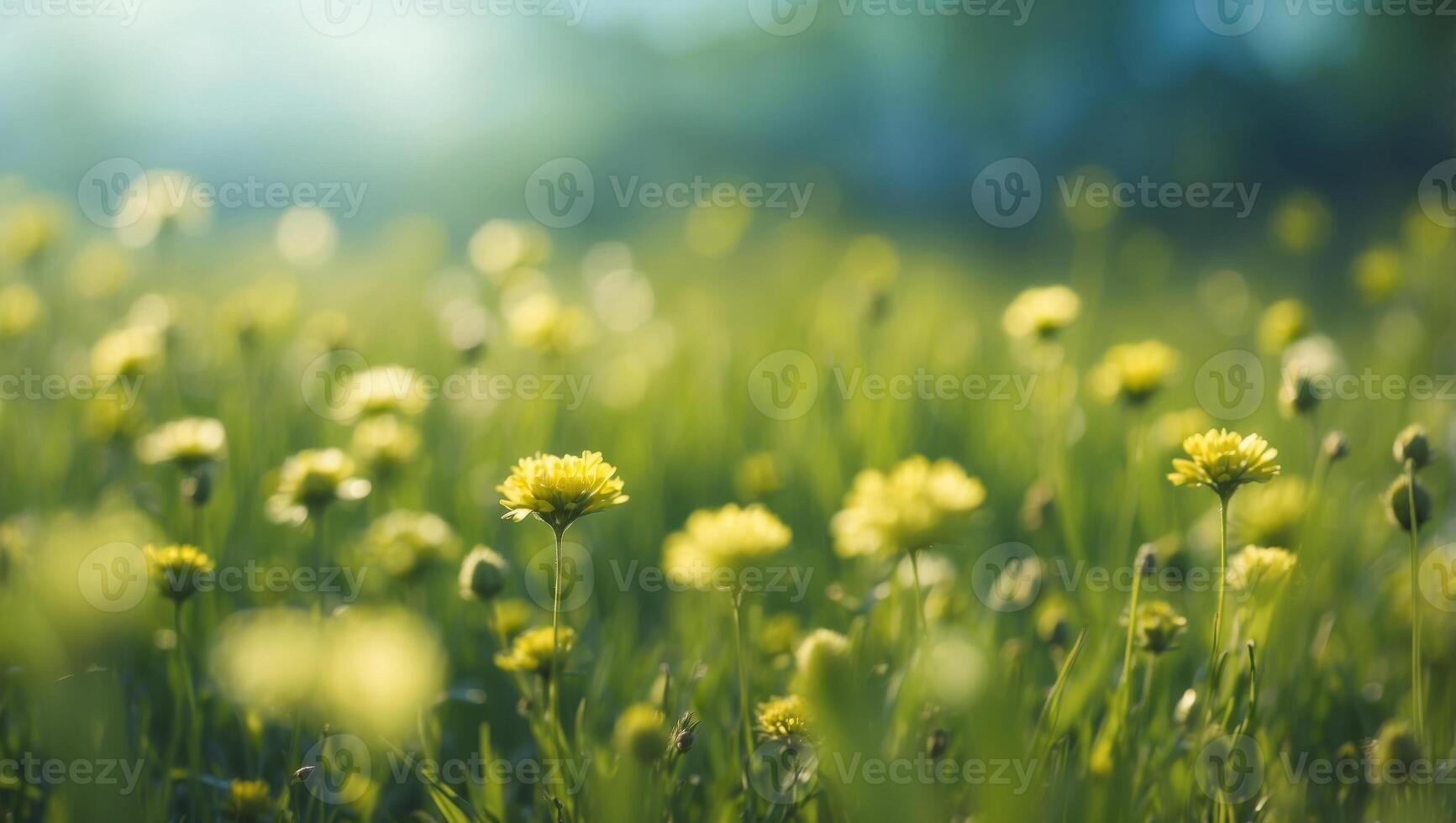 Defocused sunny spring meadow with blurred bokeh, gradient from blue sky to green grass. photo