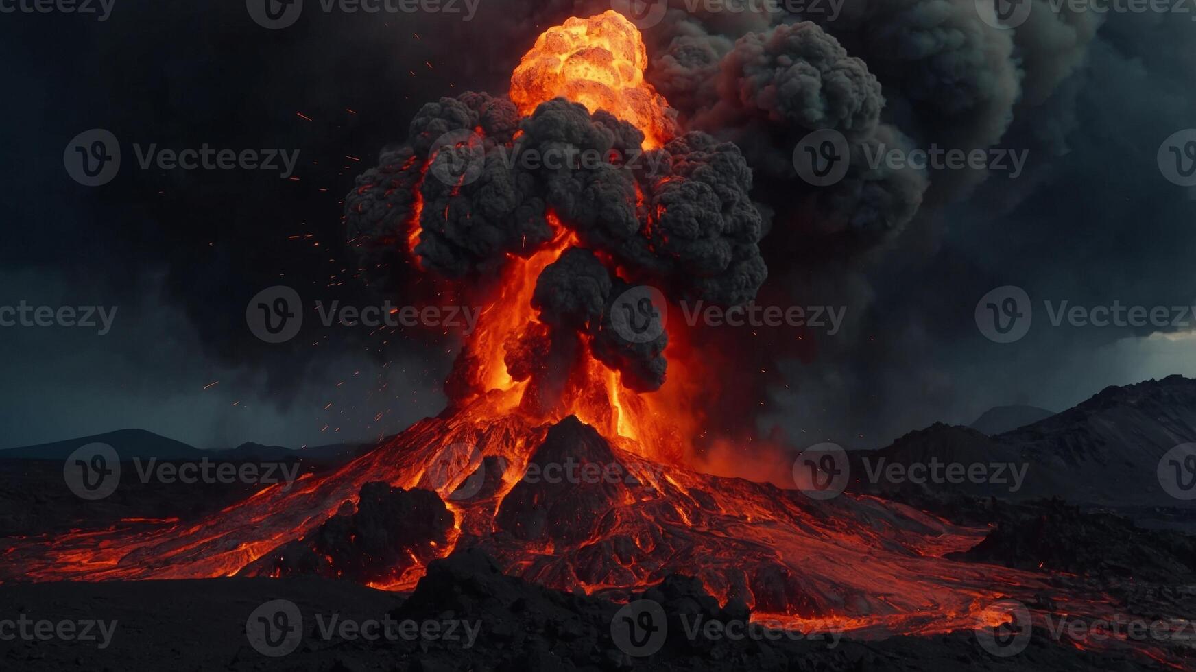 Dramatic explosion with dark smoke and glowing red lava The intense scene highlights the destructive power and fiery energy of volcanic activity. photo