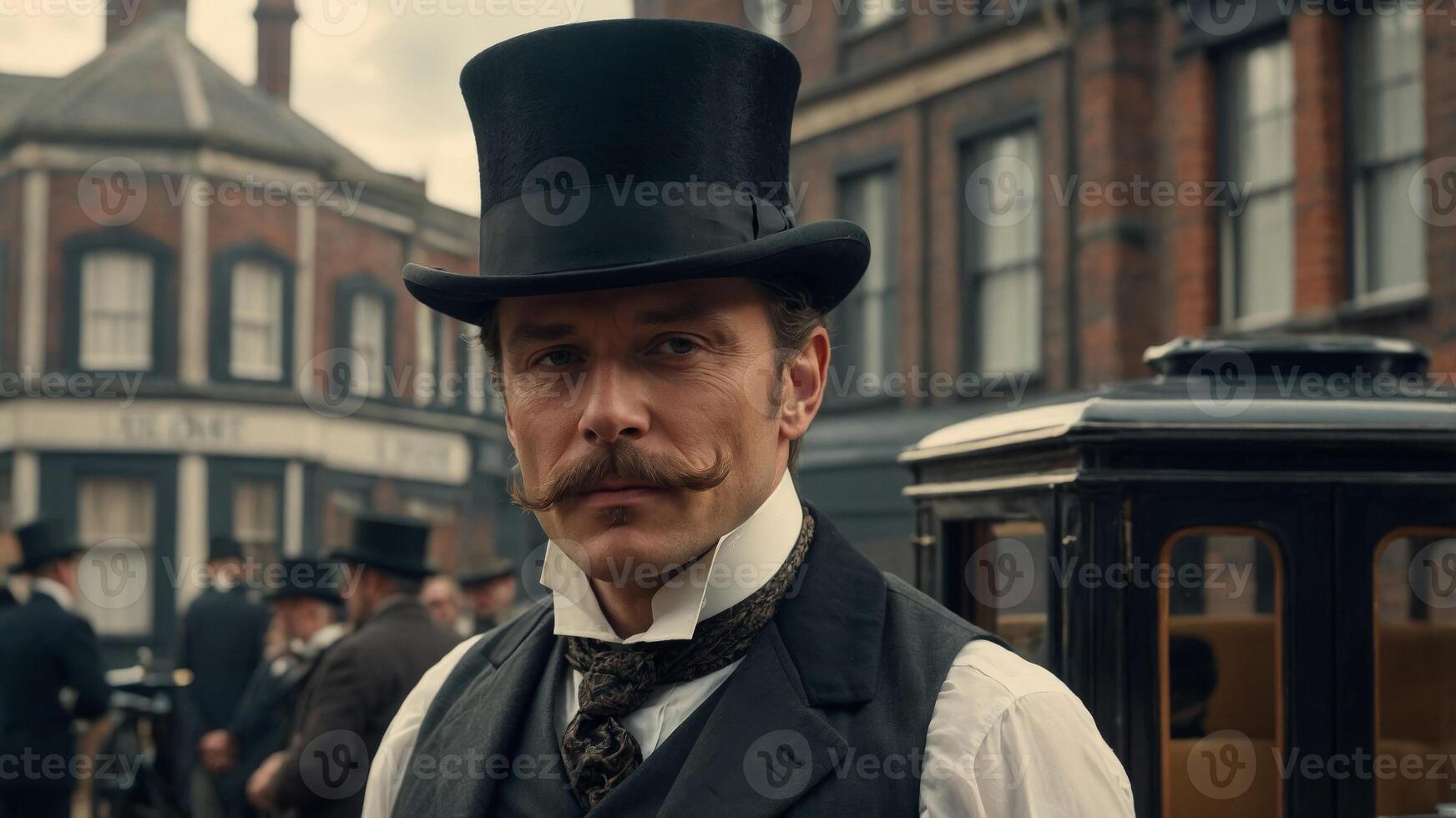 Edwardian Era man wearing a top hat and suite vest long jacket. photo