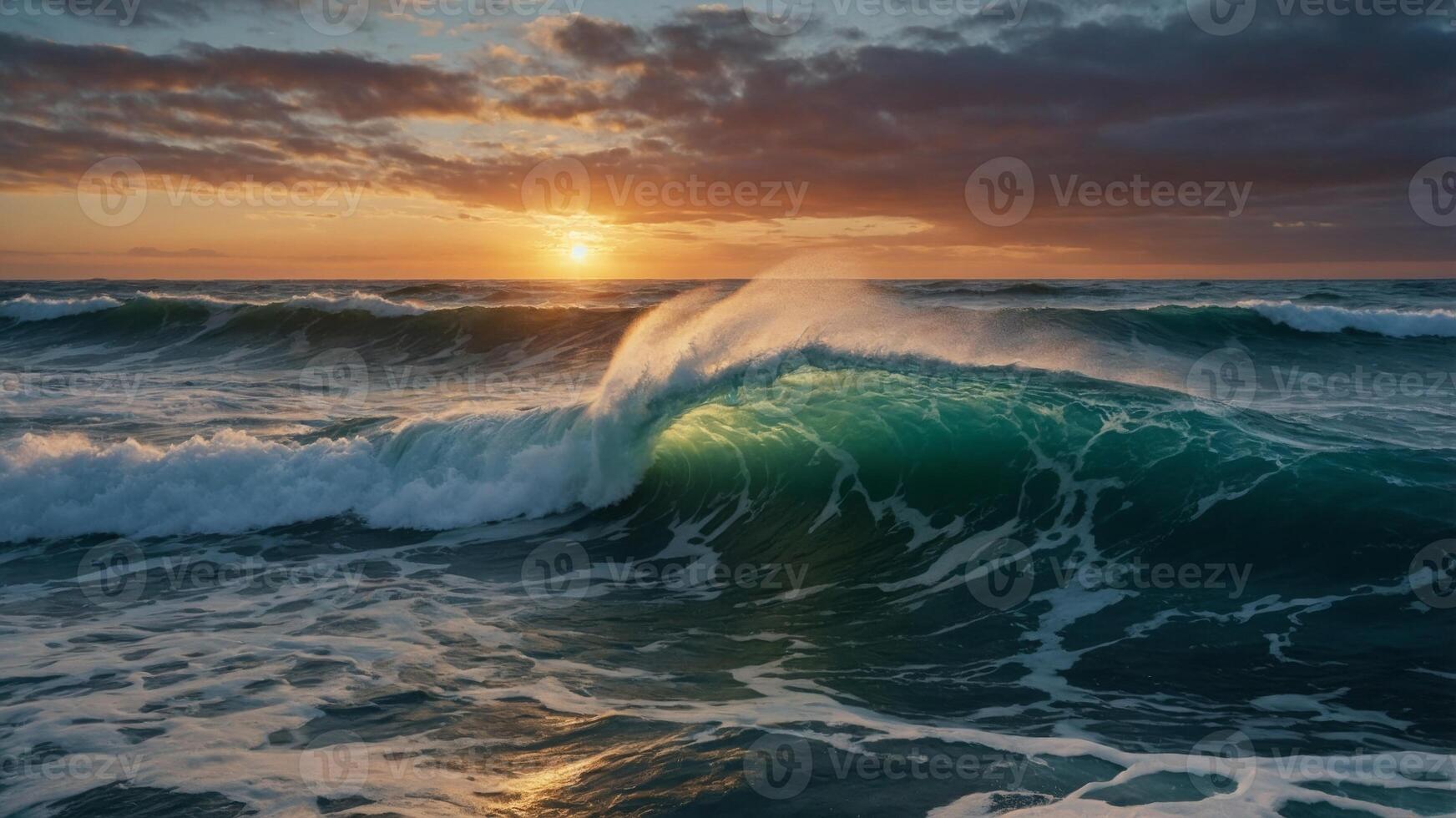 Dramatic ocean waves at sunrise, showcasing the power and beauty of nature with a stunning seascape and vibrant sky. photo