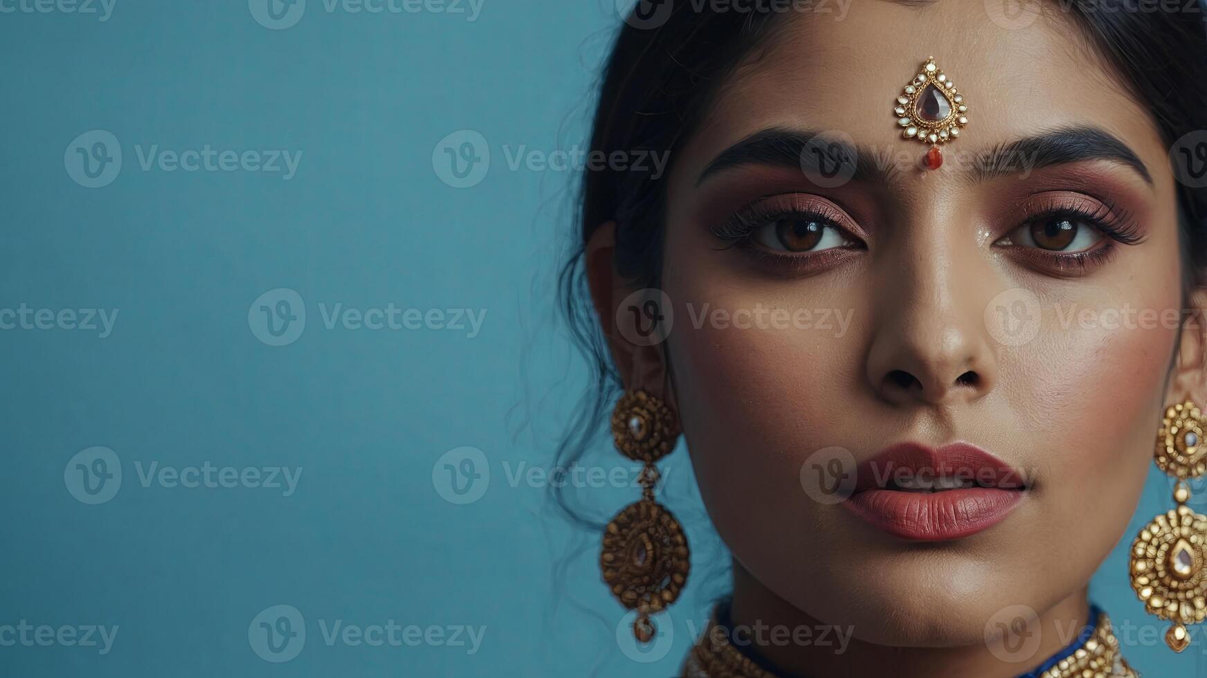 Elegant Indian Model Showcases Professional Makeup Range on Clean Blue Backdrop. photo