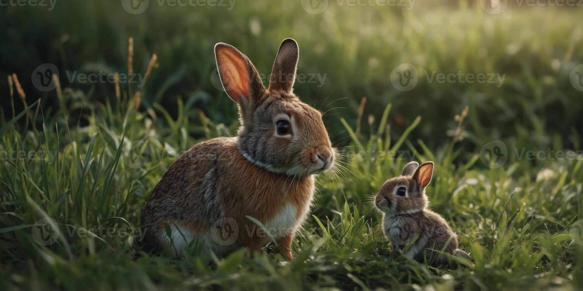 Cute mother and baby bunny rabbits in the grass. photo