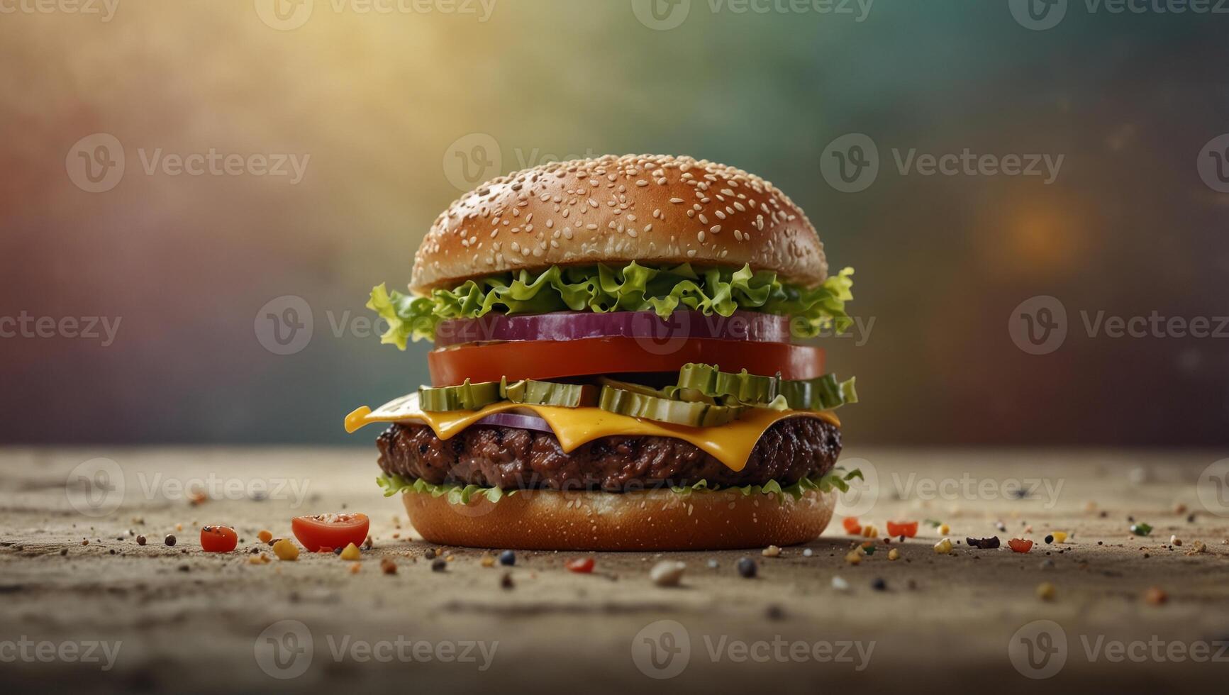 Deconstructed burger layers floating on soft pastel background with space for text. photo