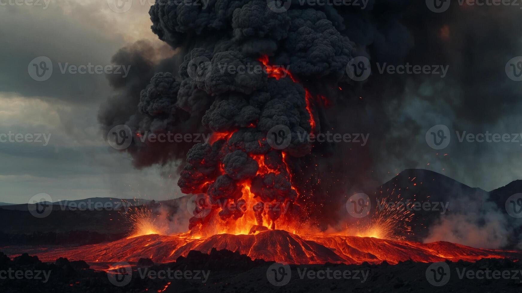 Dramatic explosion with dark smoke and glowing red lava The intense scene highlights the destructive power and fiery energy of volcanic activity. photo