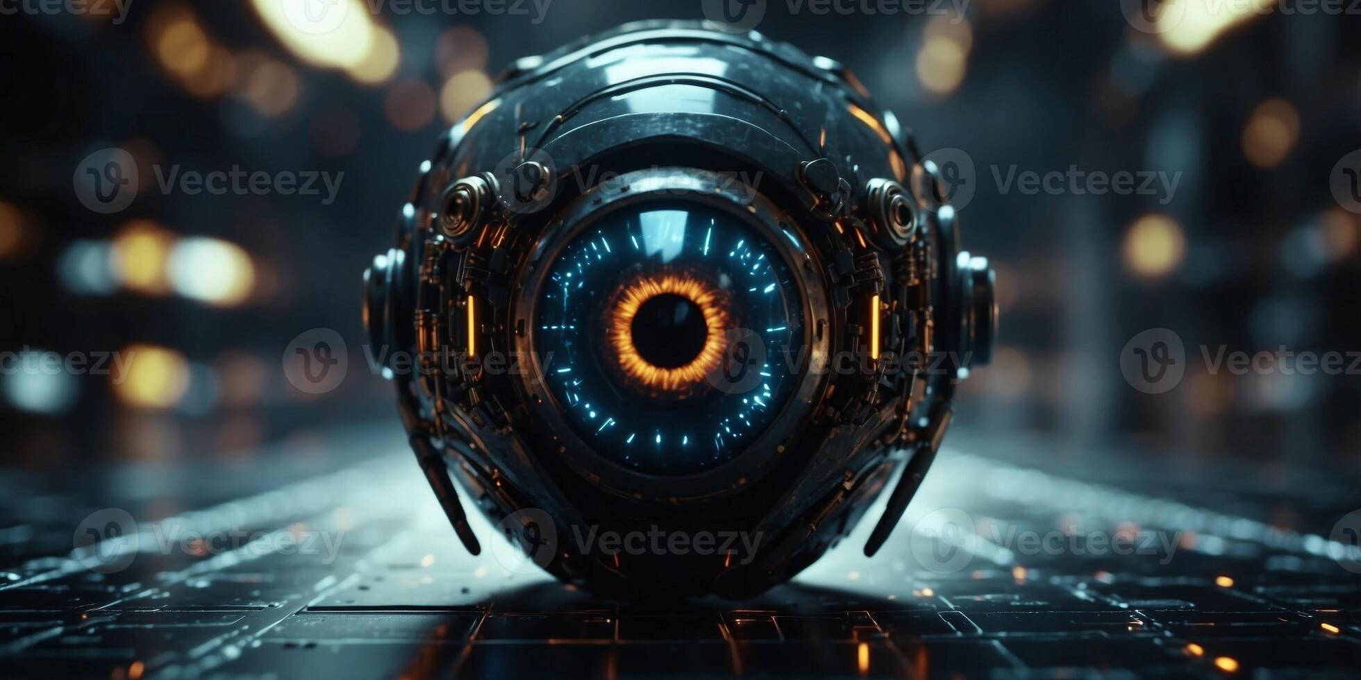 Cybernetic eye in futuristic digital environment hacker or robot vision in dark tech space. photo