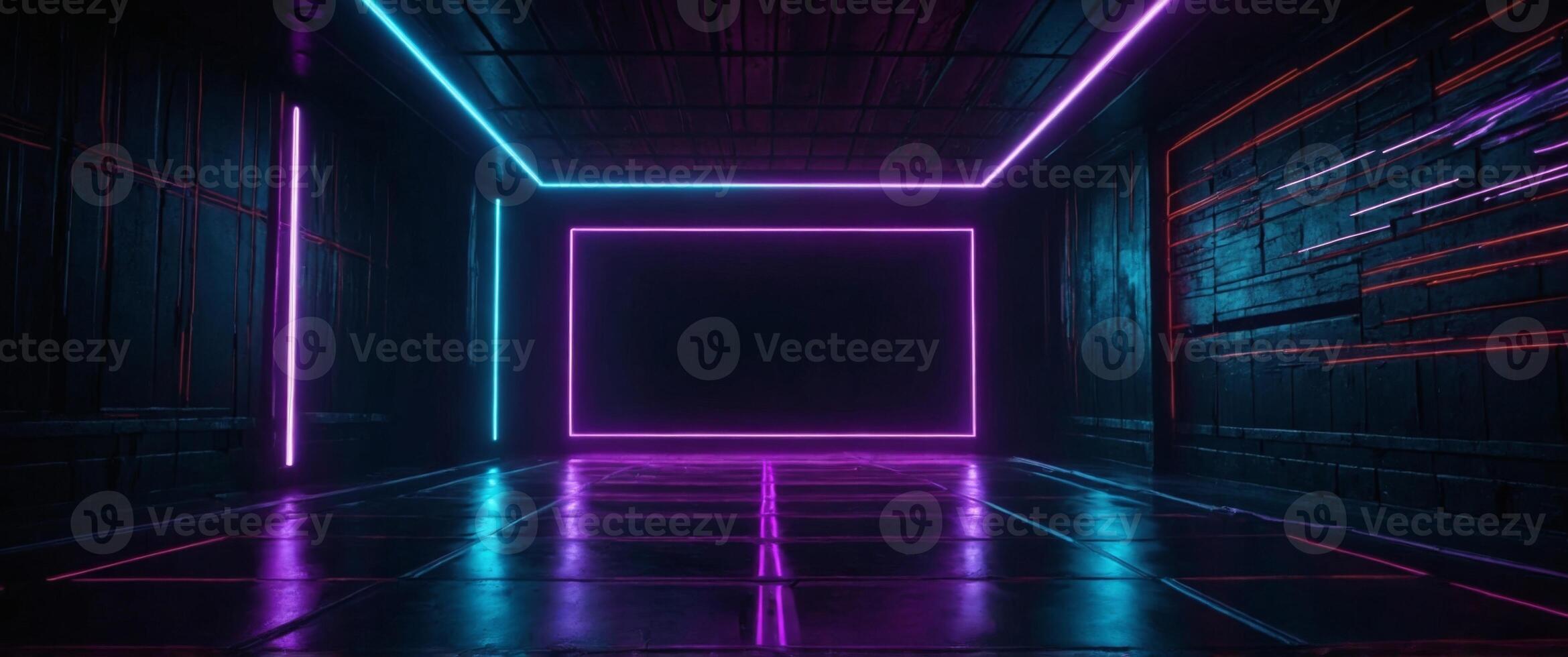 Dark abstract neon background Empty night neon scene with rays of light, disco background, spotlights. photo