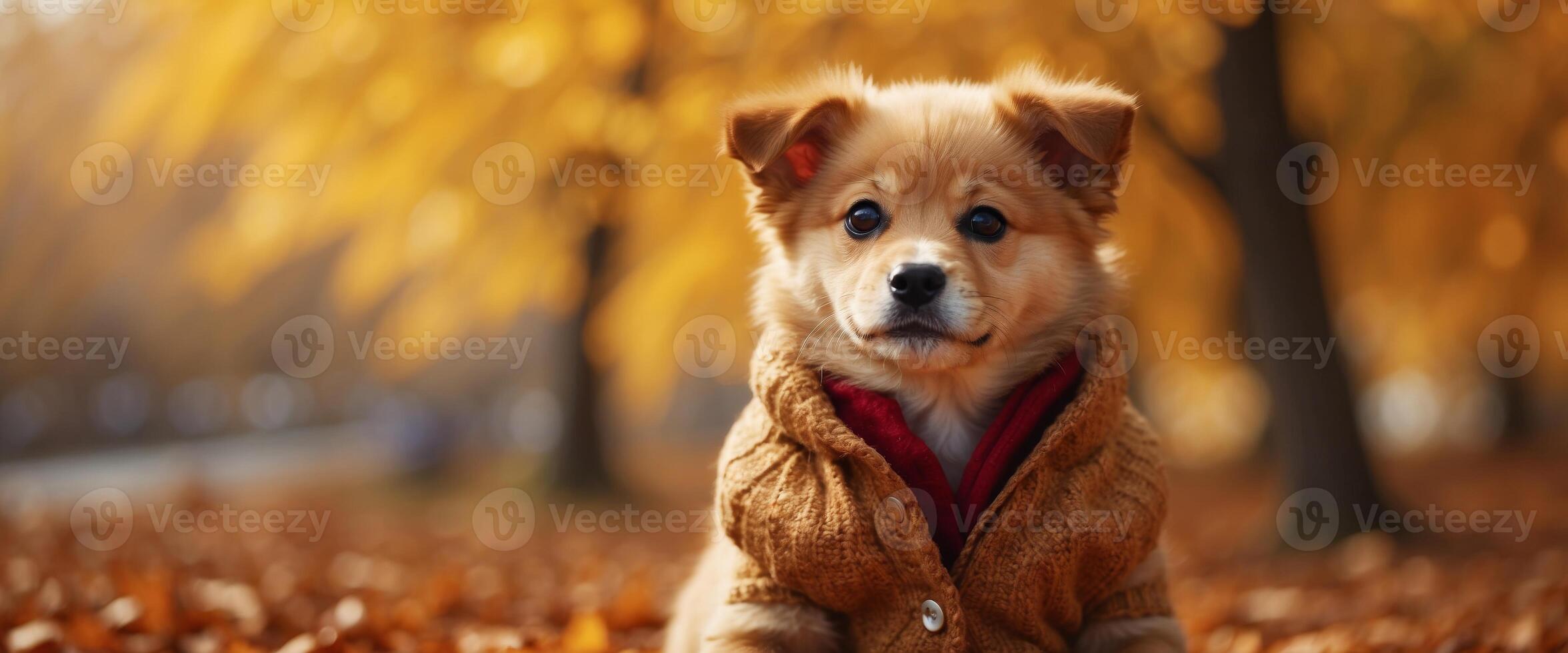 Cute puppy in autumn attire on cozy background, perfect for customizable text placement. photo