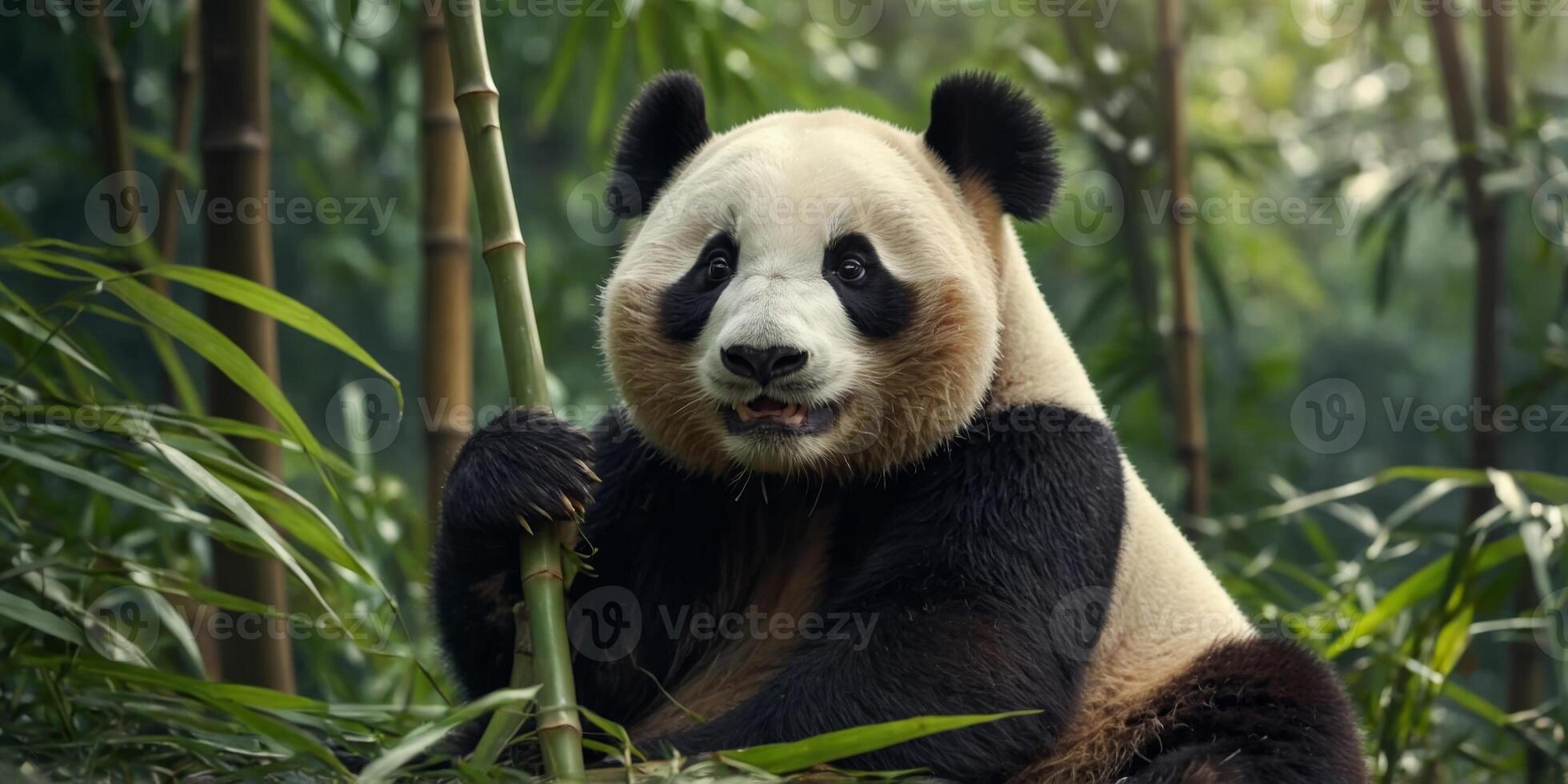 Cute funny giant panda eating bamboo Wild animal in forest. photo