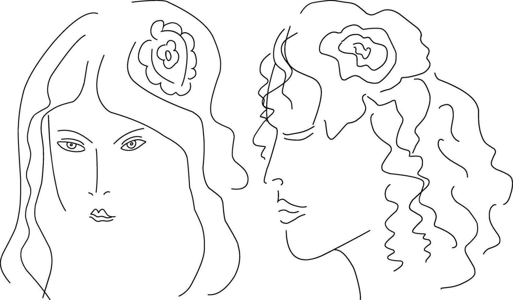Hand drawn faces illustration, doodle, flower in hair vector