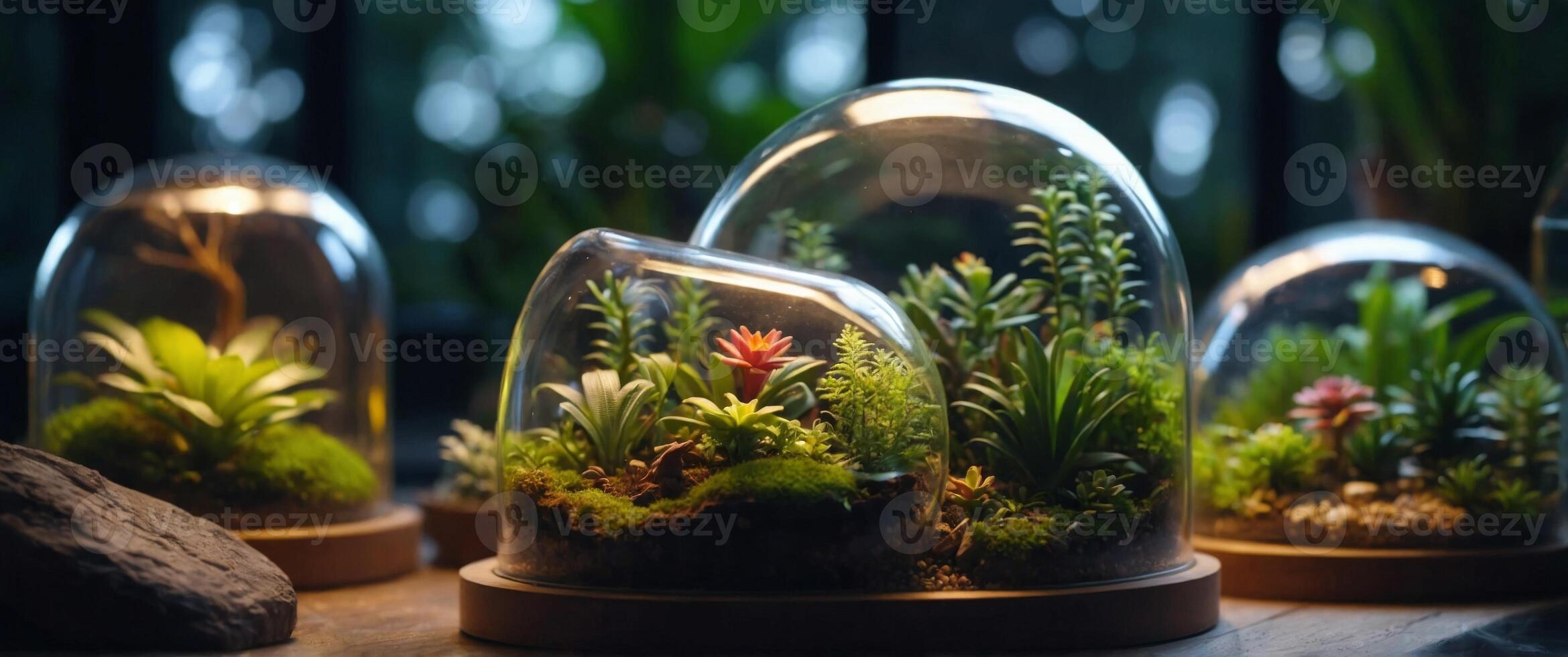 Enchanting collection of illuminated terrariums. photo
