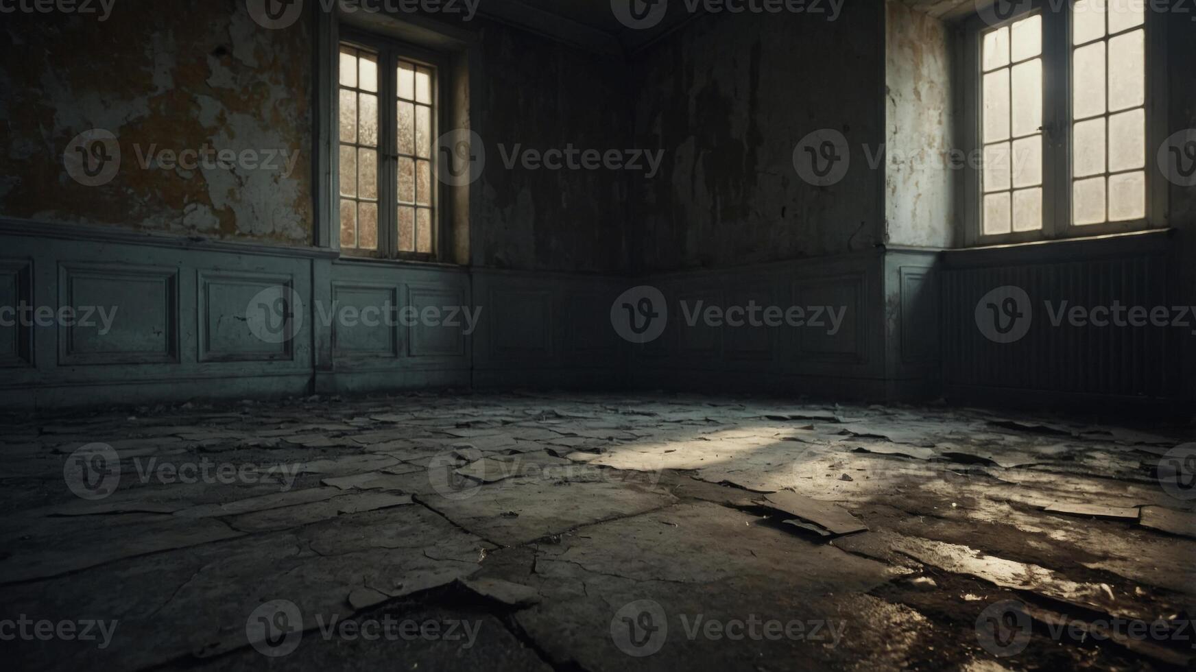 Empty vintage room Cracked and moldy walls and floor Light shining through window Vampire house. photo